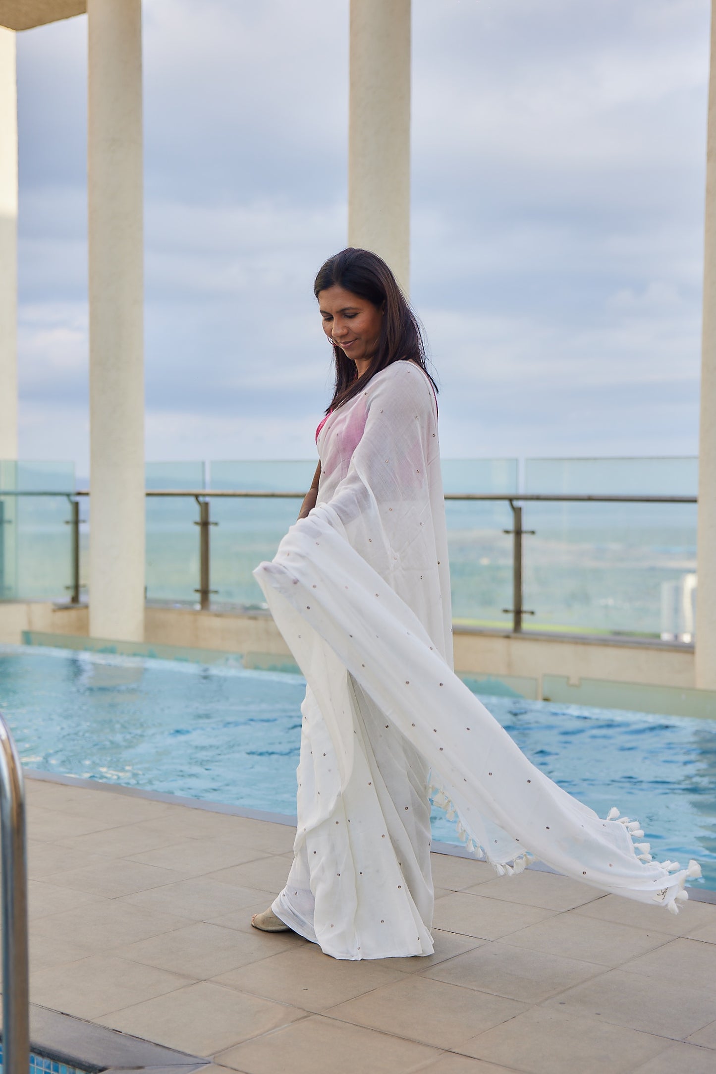White Mulmul cotton Sequin Saree with Tassels