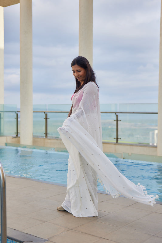White Mulmul cotton Sequin Saree with Tassels