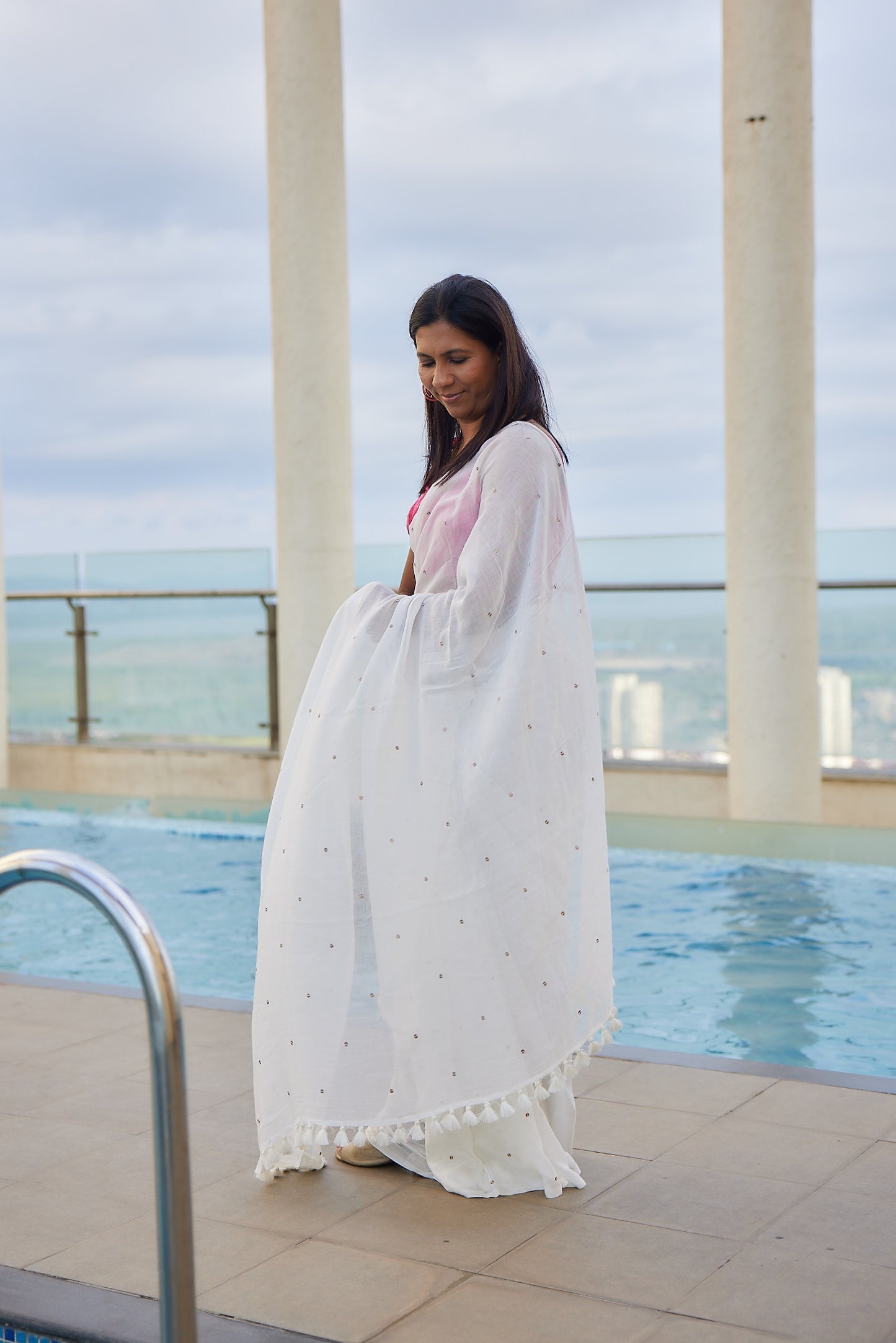 White Mulmul cotton Sequin Saree with Tassels
