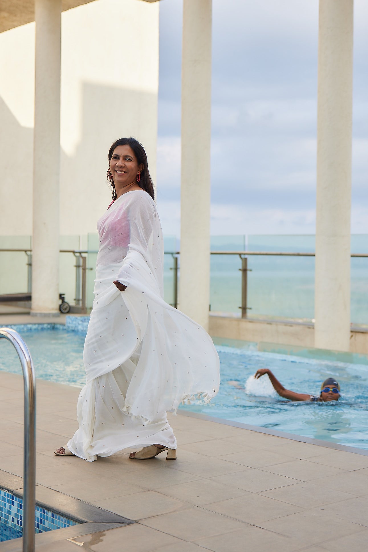 White Mulmul cotton Sequin Saree with Tassels