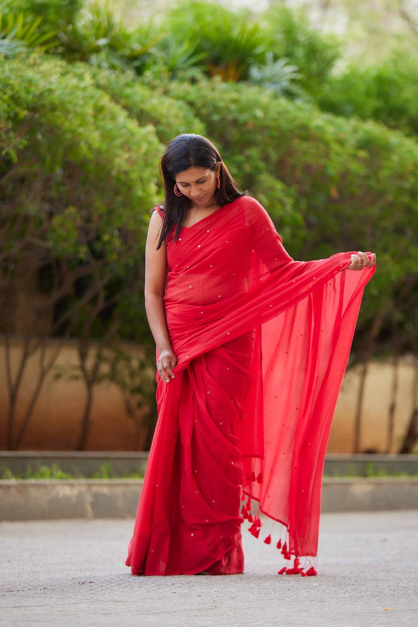 Red  Mulmul cotton Sequin Saree with Tassels