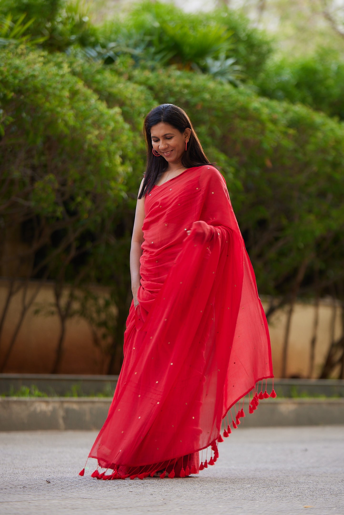 Red  Mulmul cotton Sequin Saree with Tassels