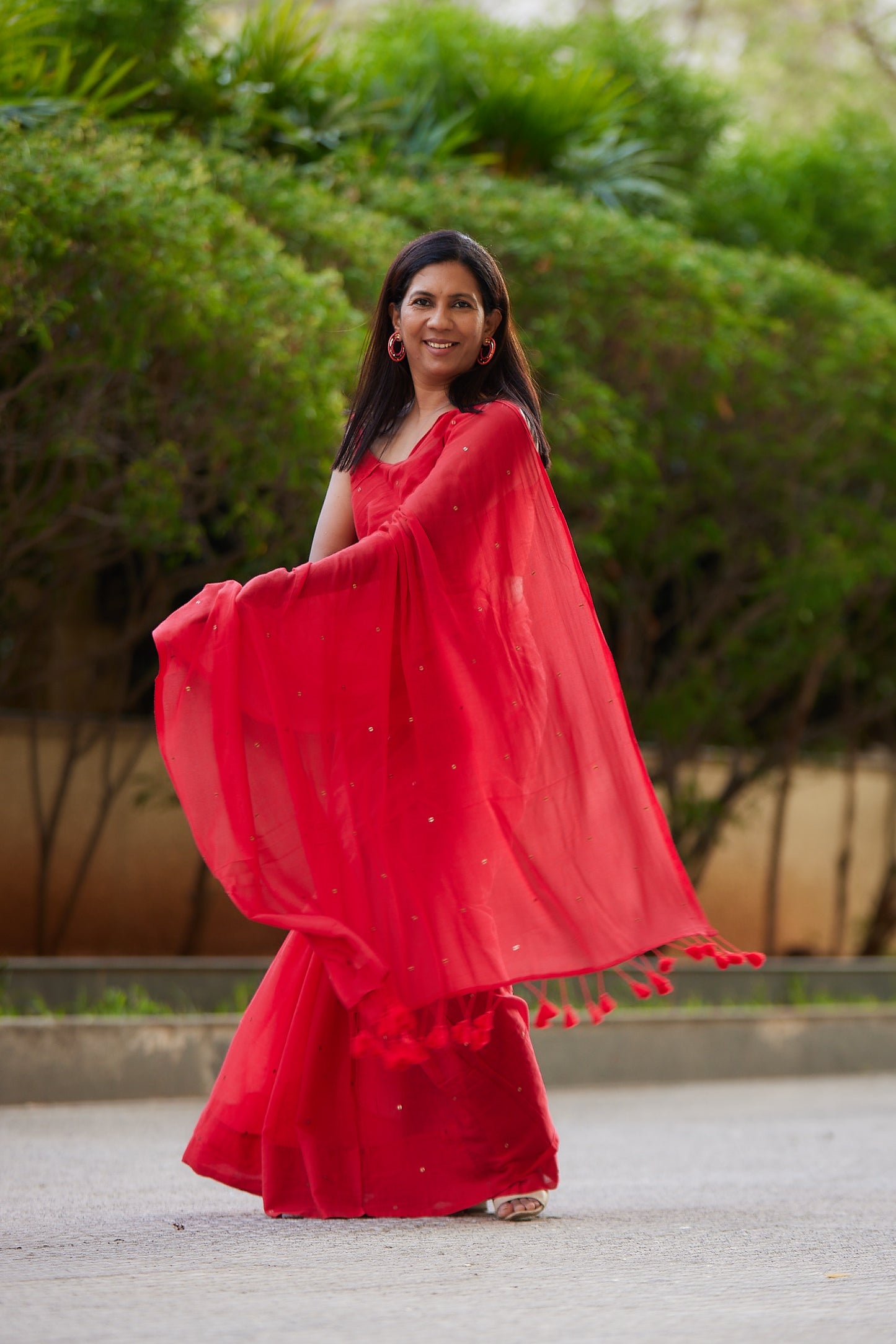 Red  Mulmul cotton Sequin Saree with Tassels