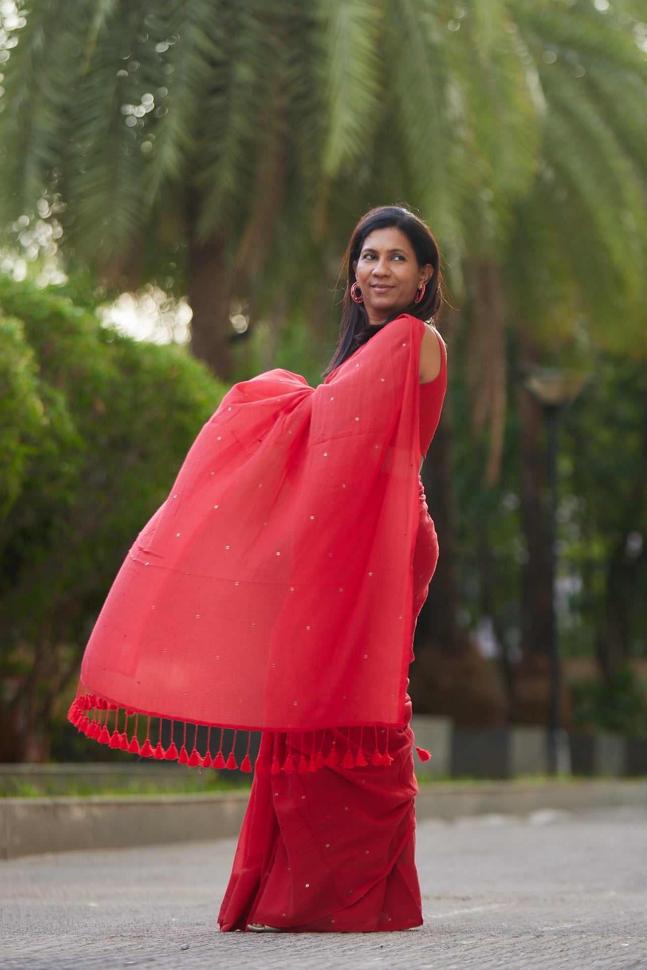 Red  Mulmul cotton Sequin Saree with Tassels