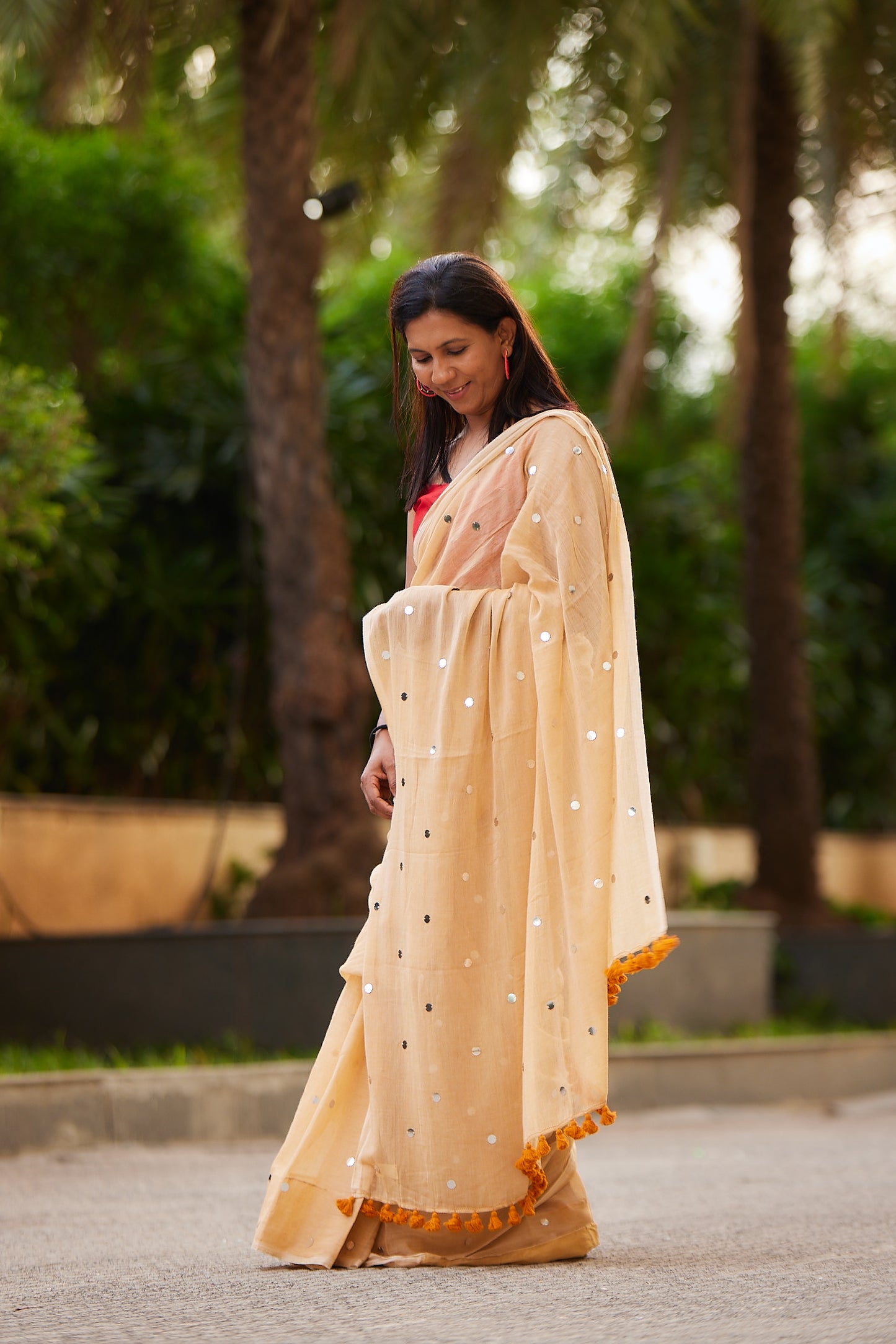 Mustard Mulmul cotton Sequin Saree with Tassels