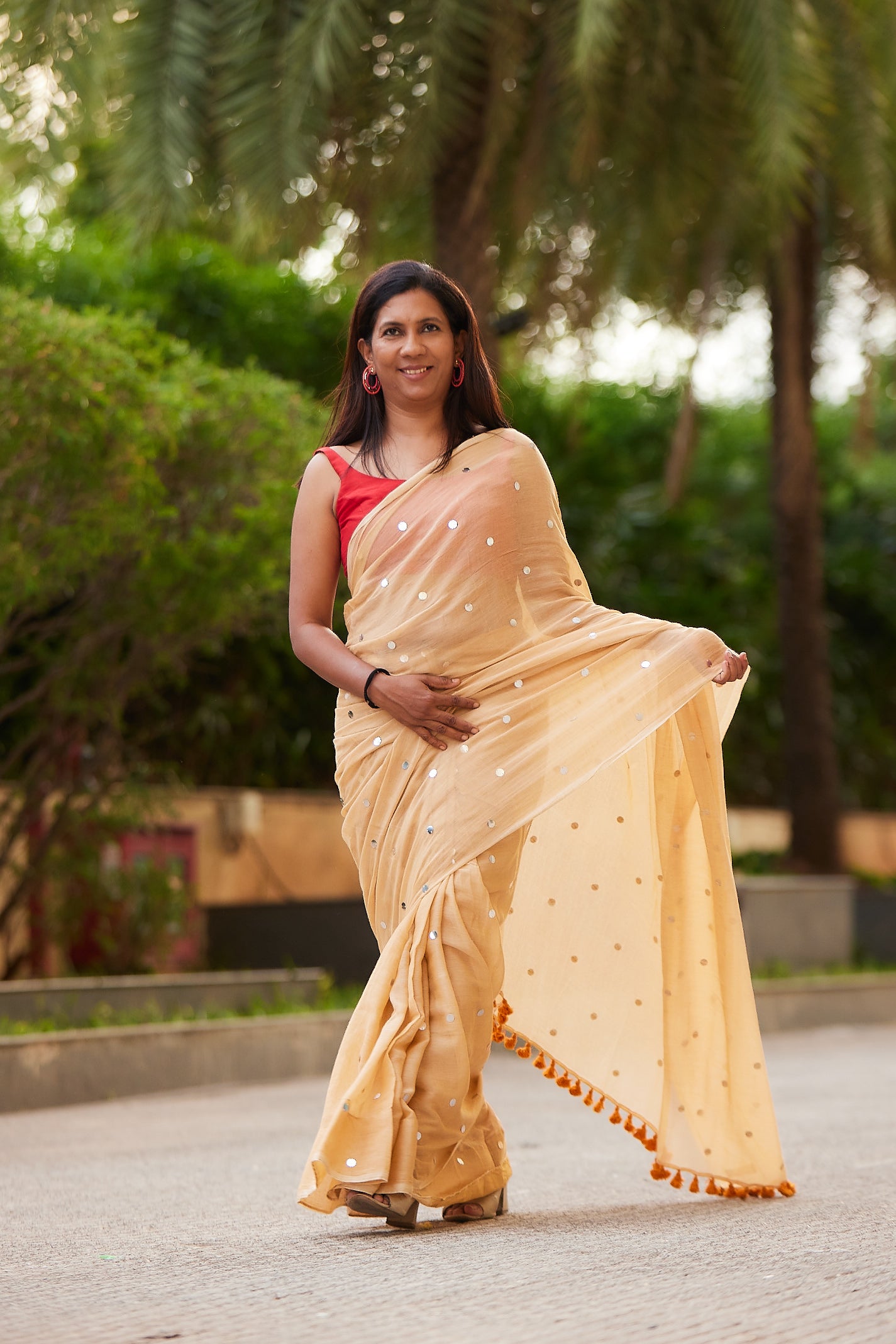 Mustard Mulmul cotton Sequin Saree with Tassels