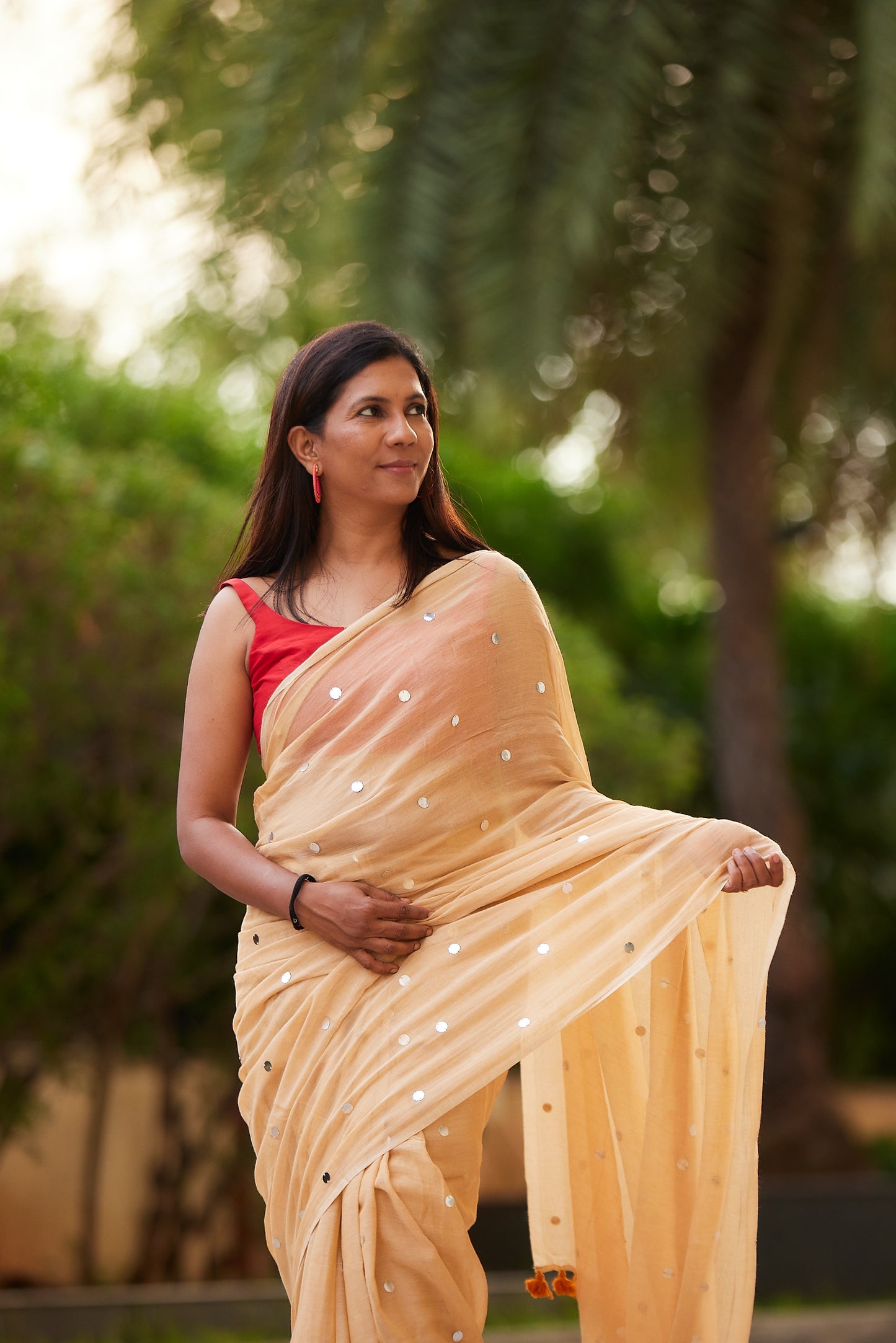 Mustard Mulmul cotton Sequin Saree with Tassels