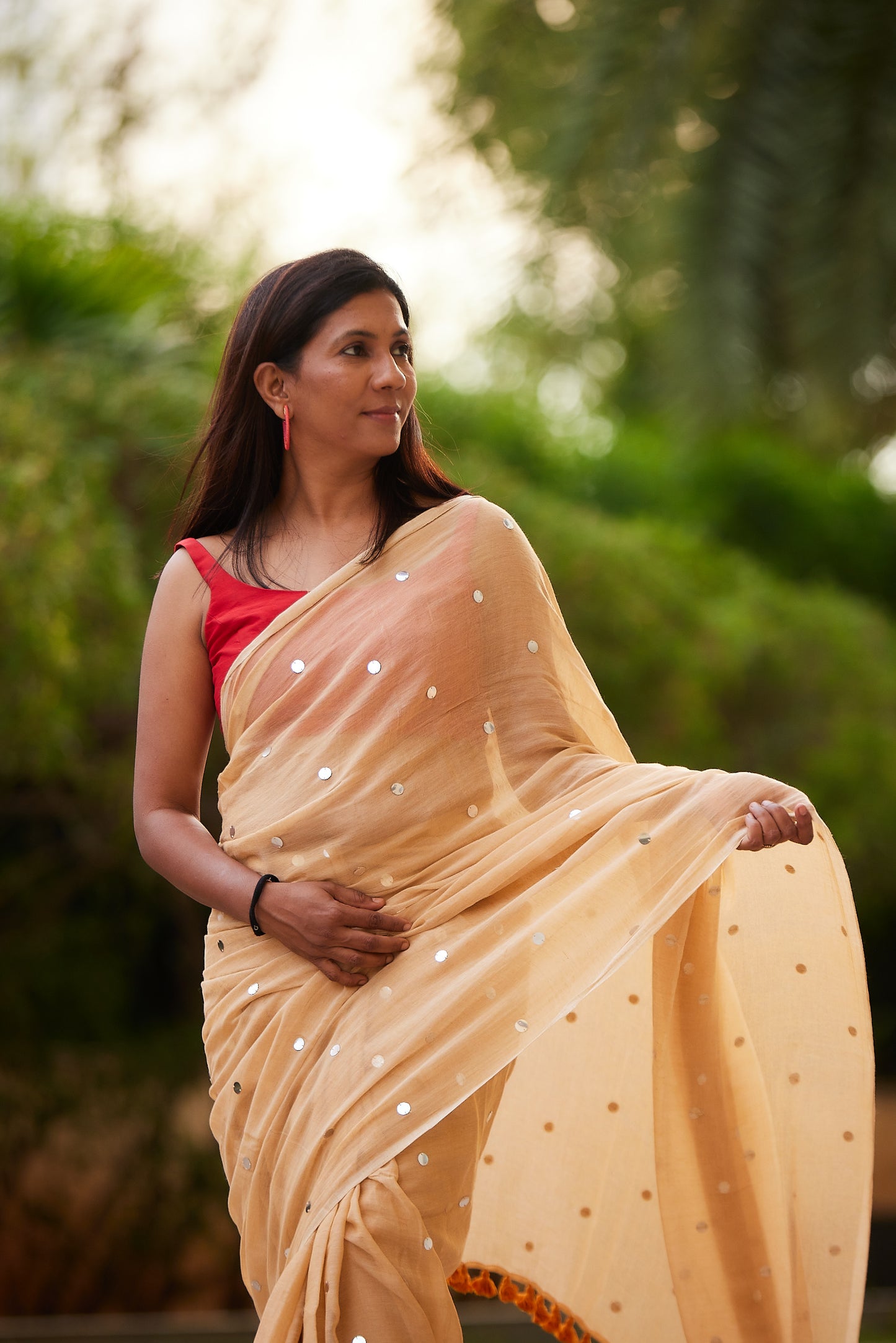 Mustard Mulmul cotton Sequin Saree with Tassels