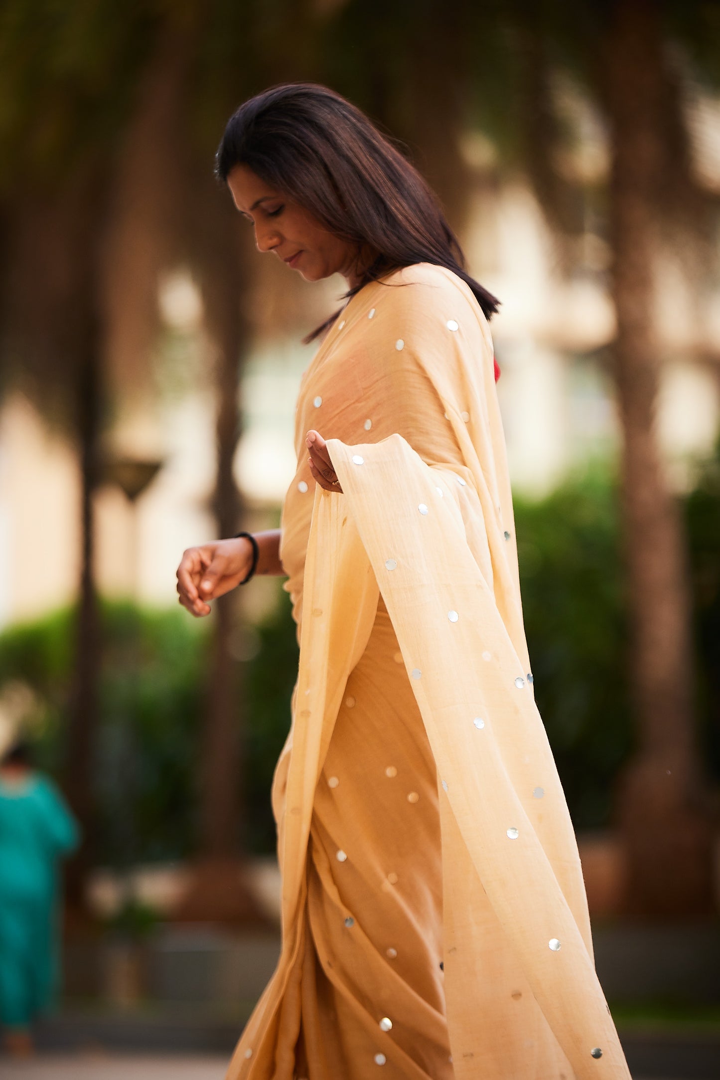 Mustard Mulmul cotton Sequin Saree with Tassels