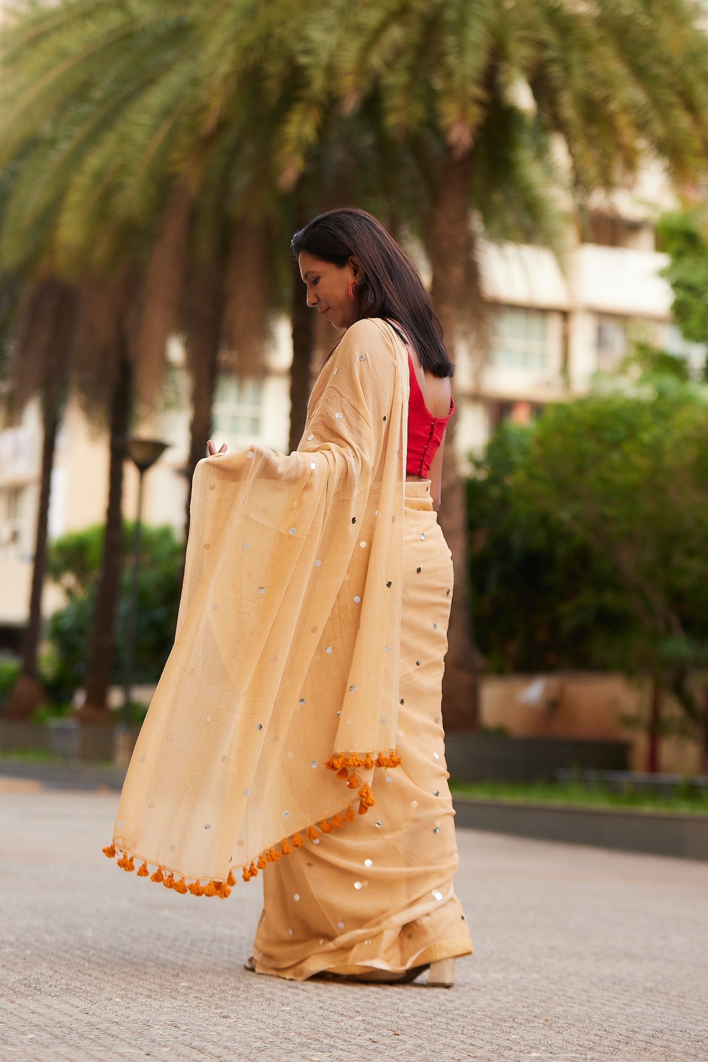 Mustard Mulmul cotton Sequin Saree with Tassels