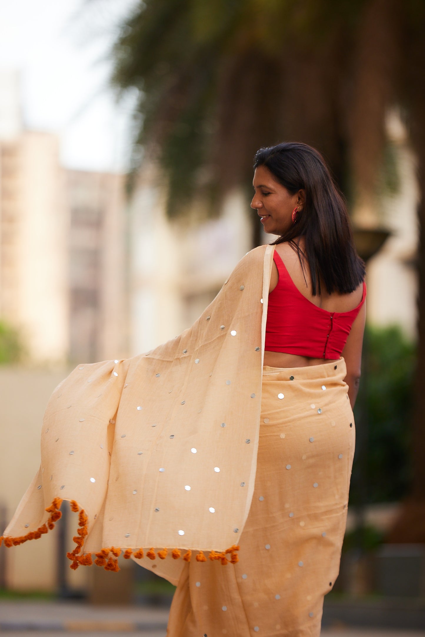 Mustard Mulmul cotton Sequin Saree with Tassels