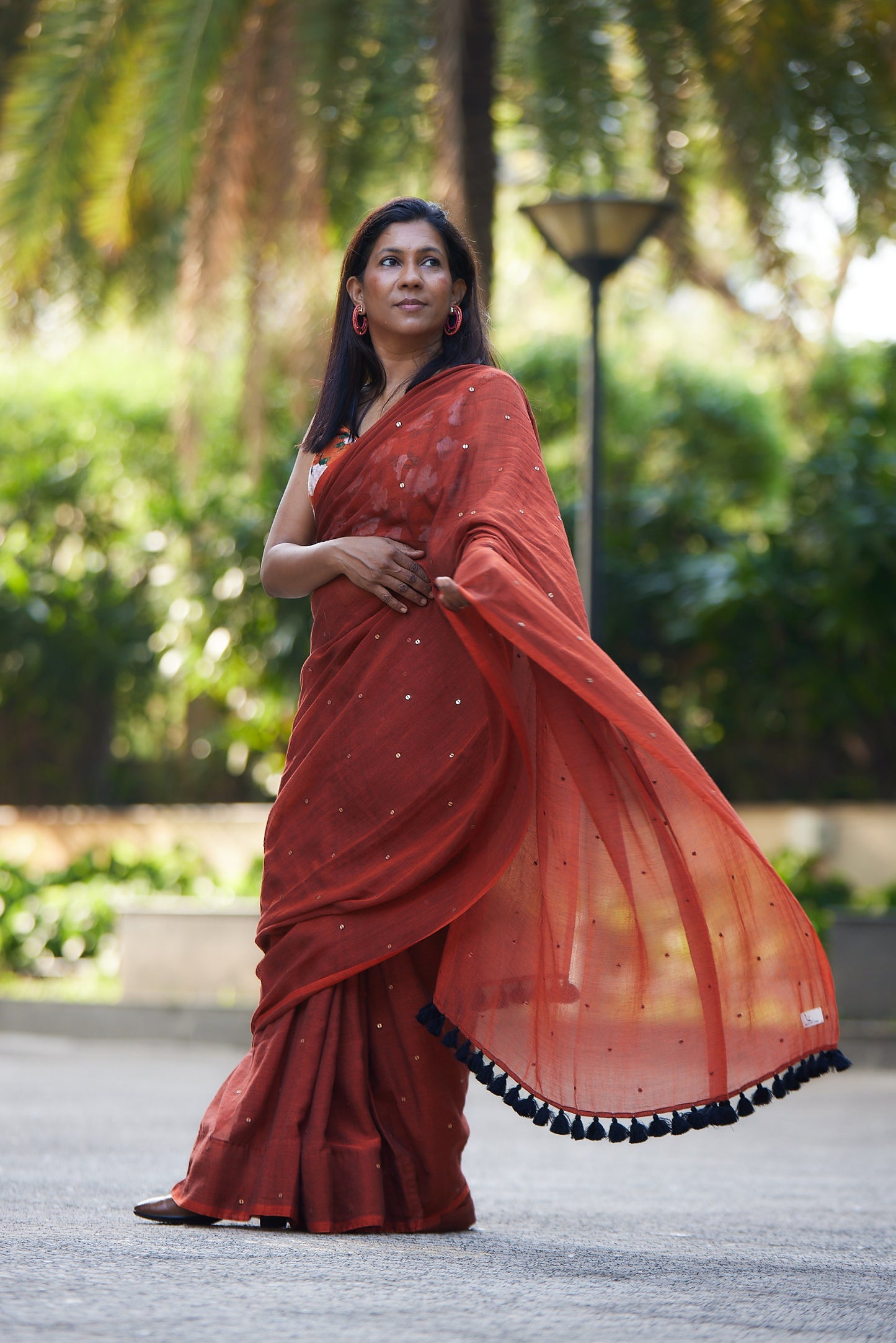 Rust Mulmul cotton Sequin Saree with Tassels