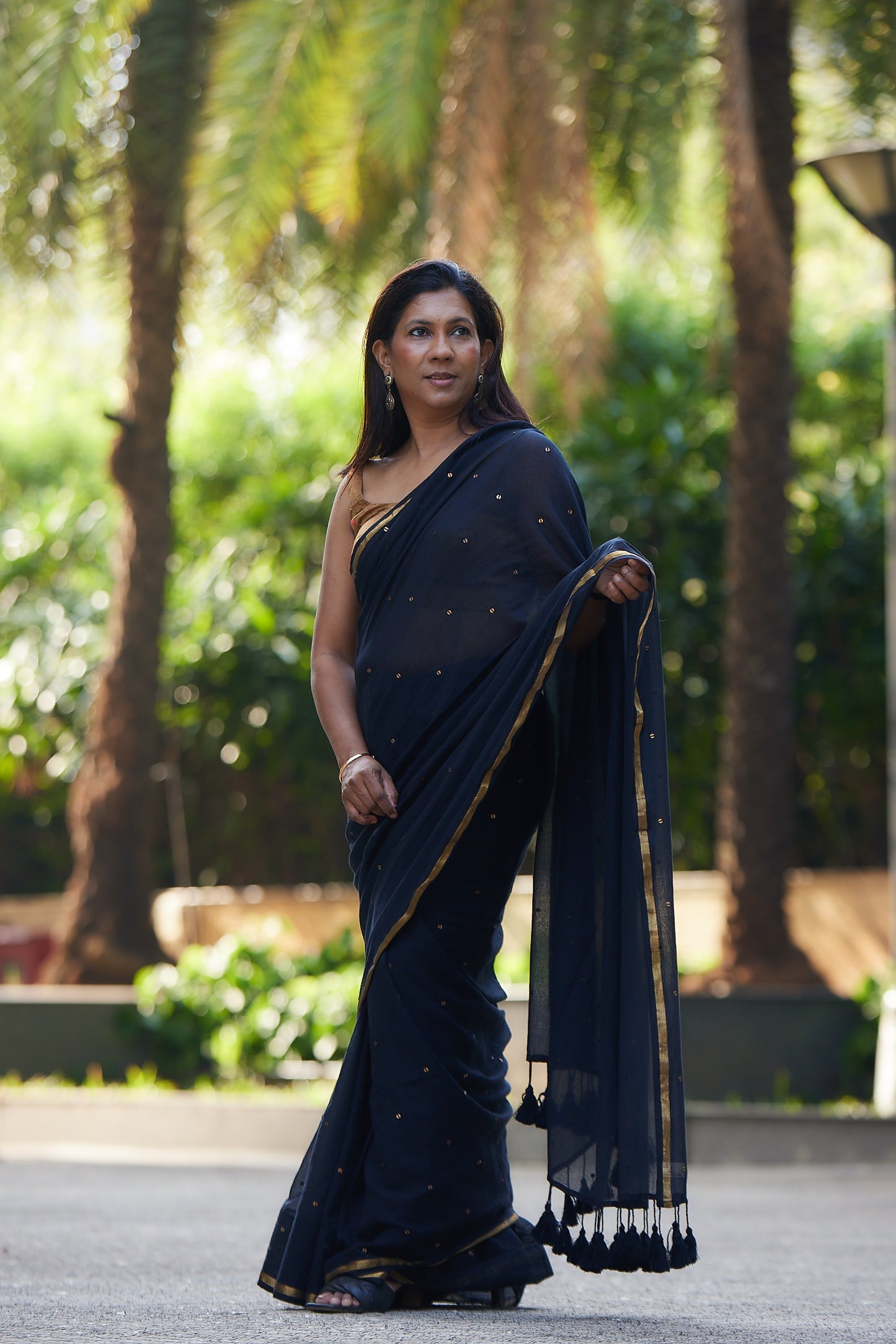 Black Mulmul cotton Sequin Saree with Tassels