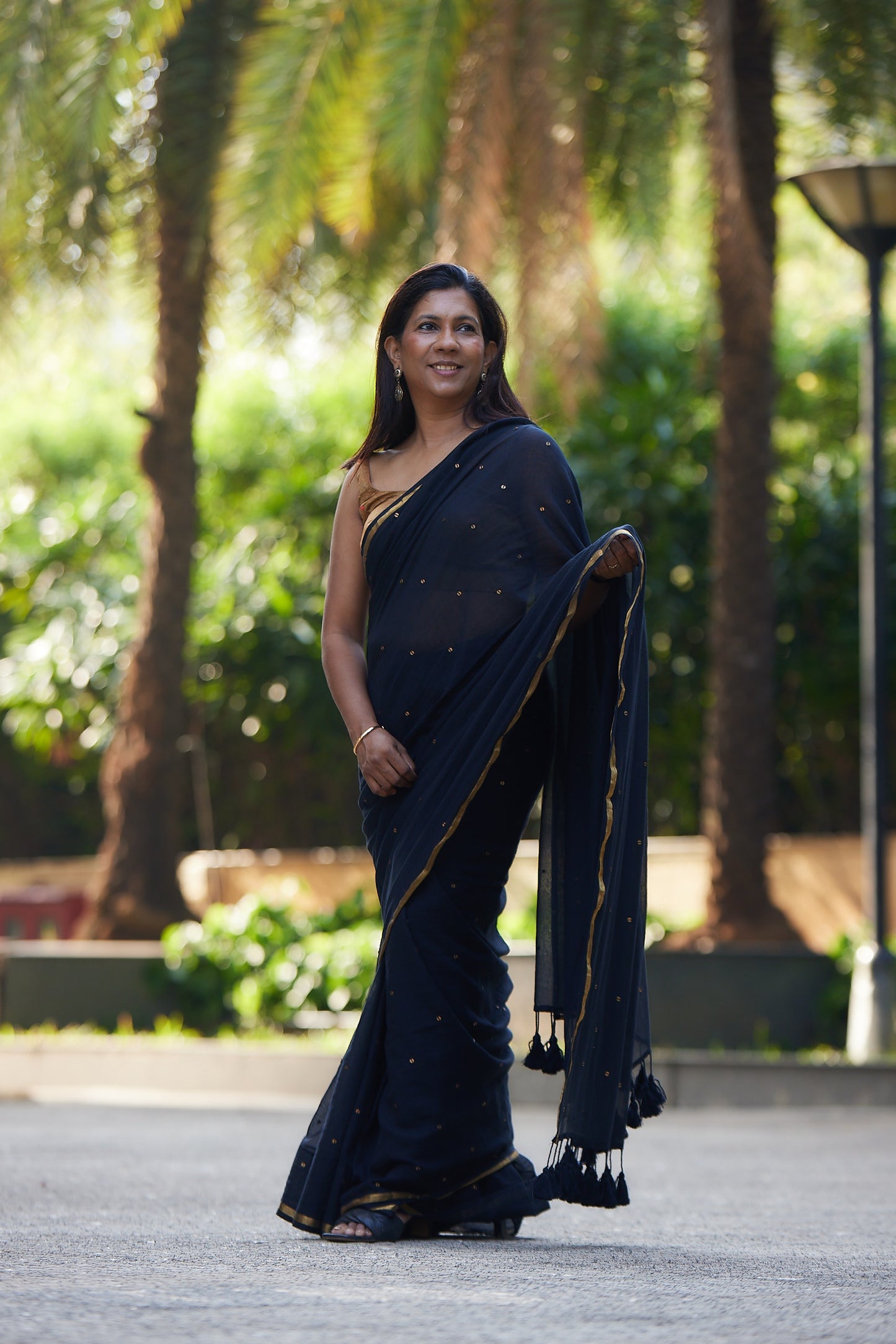 Black Mulmul cotton Sequin Saree with Tassels