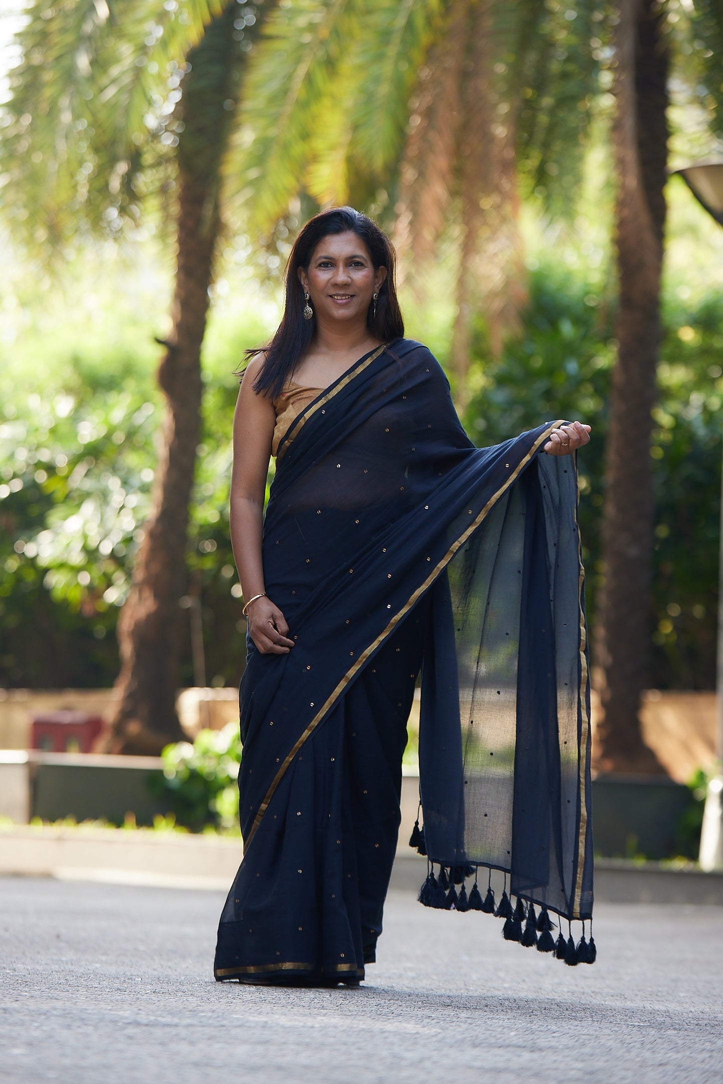 Black Mulmul cotton Sequin Saree with Tassels