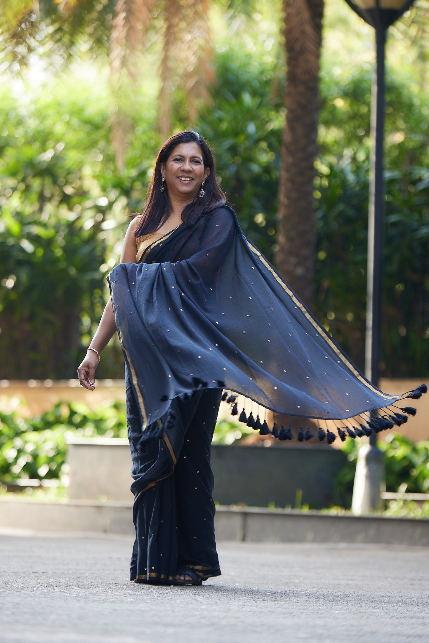 Black Mulmul cotton Sequin Saree with Tassels