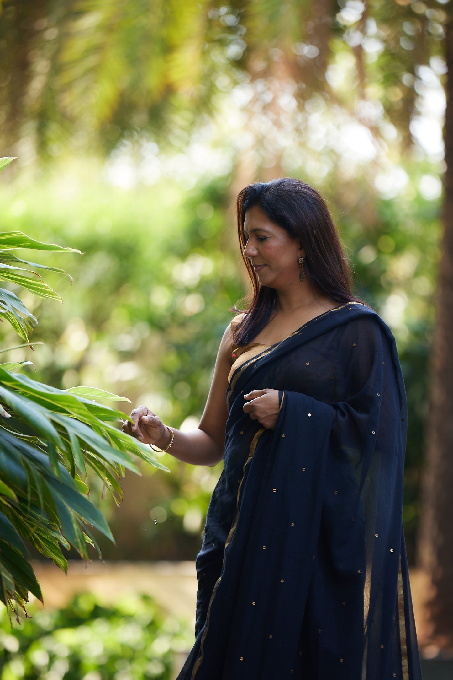 Black Mulmul cotton Sequin Saree with Tassels