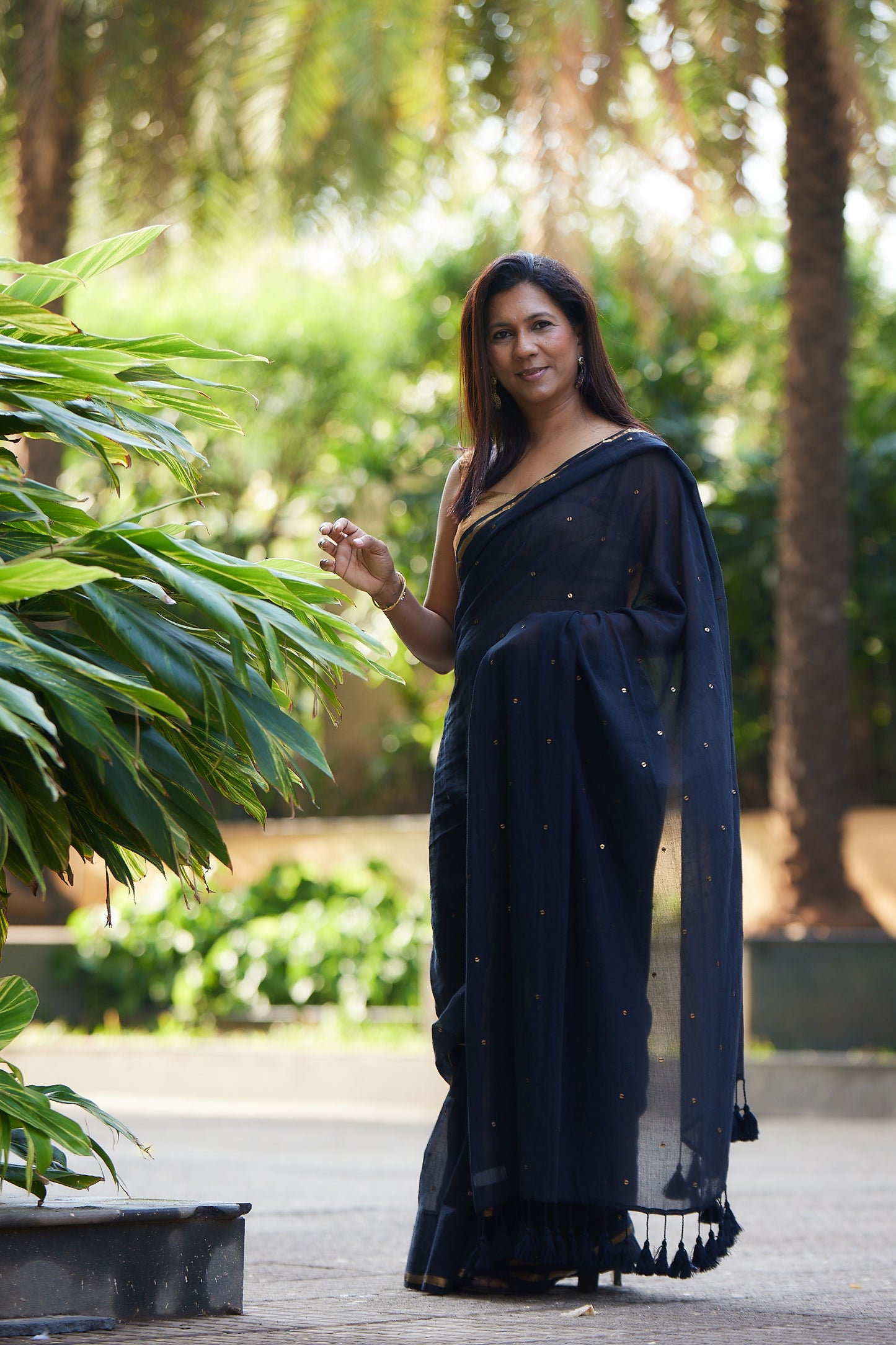 Black Mulmul cotton Sequin Saree with Tassels
