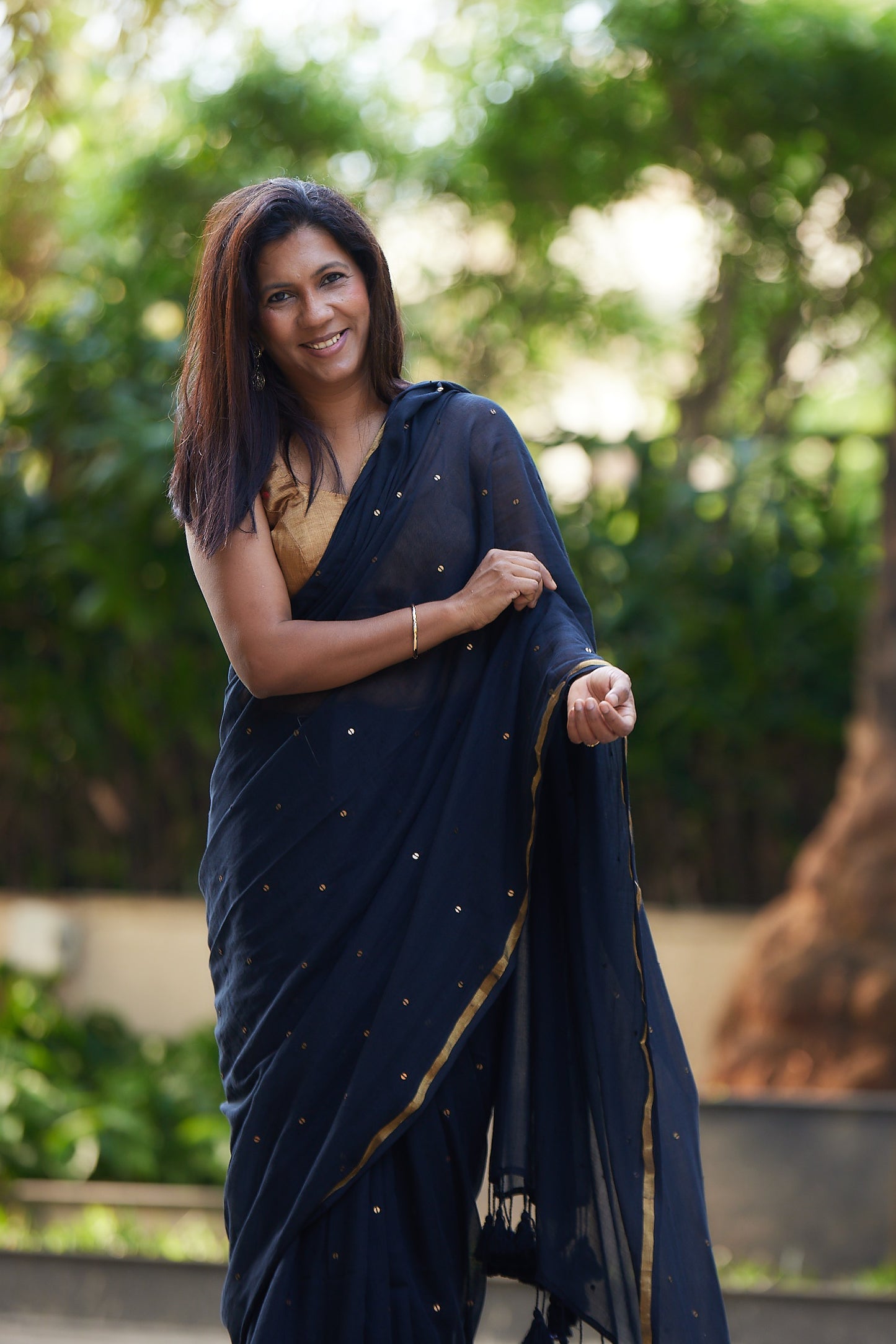 Black Mulmul cotton Sequin Saree with Tassels