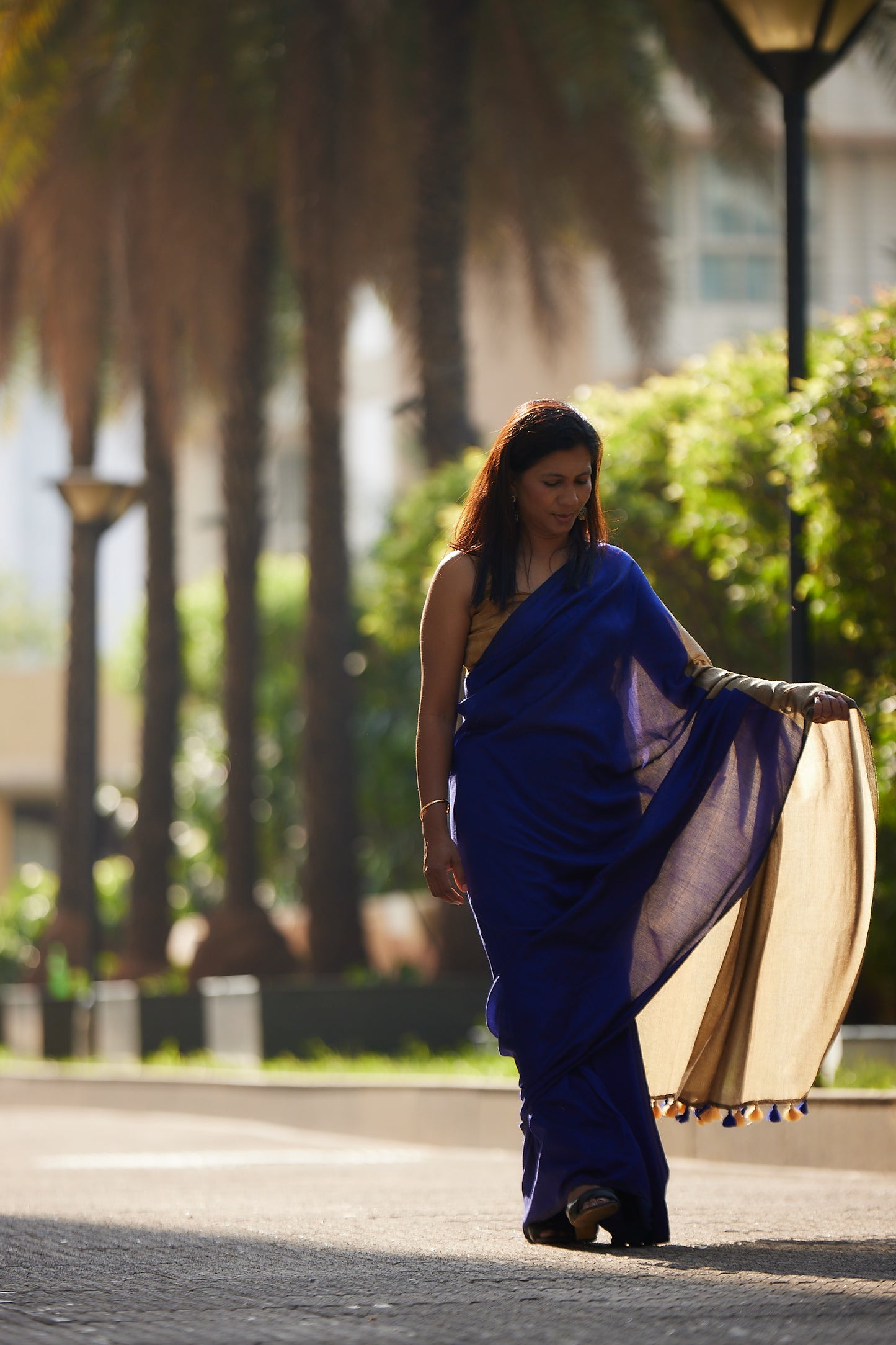 Royal Blue and Gold Cotton Acrylic Saree