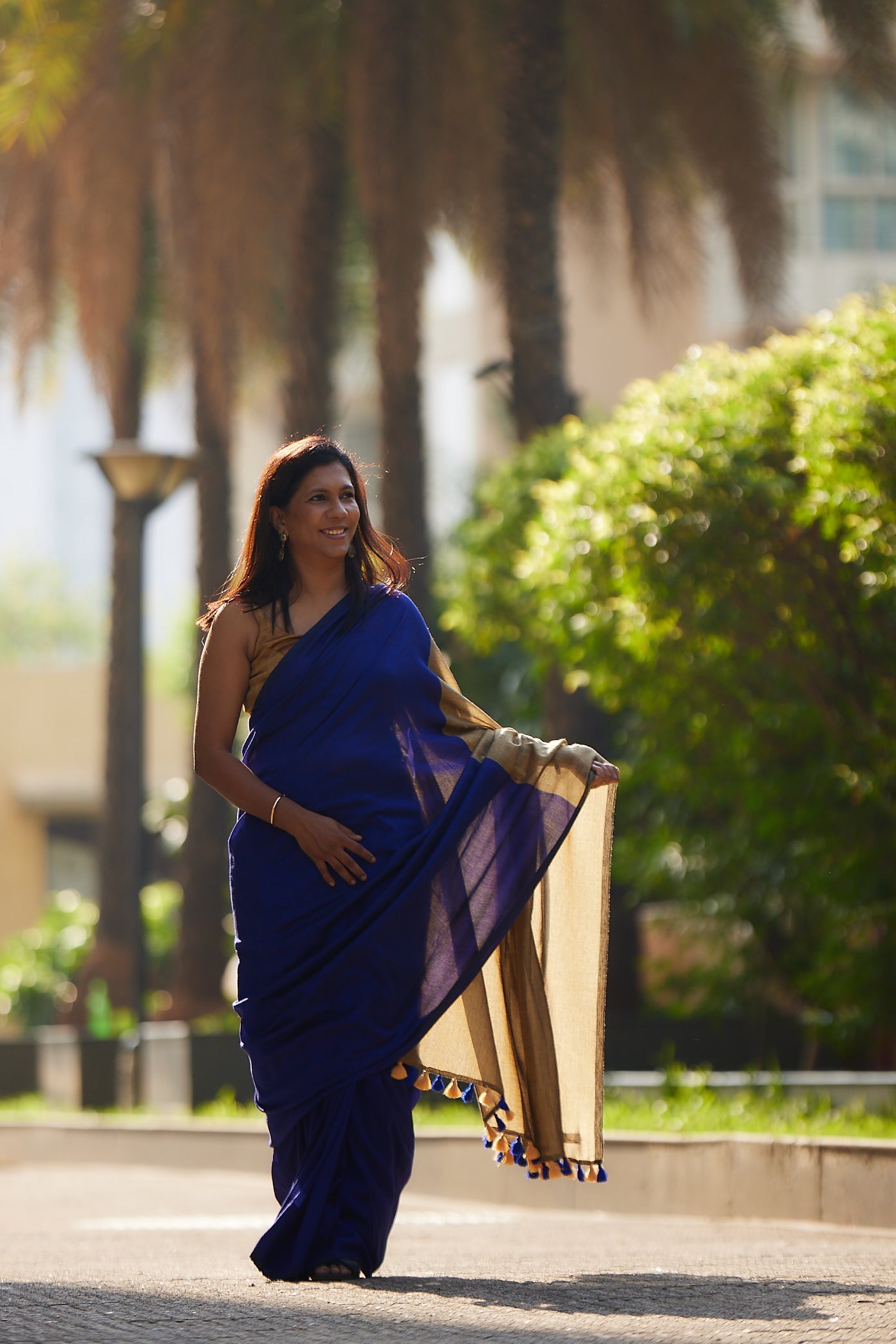 Royal Blue and Gold Cotton Acrylic Saree