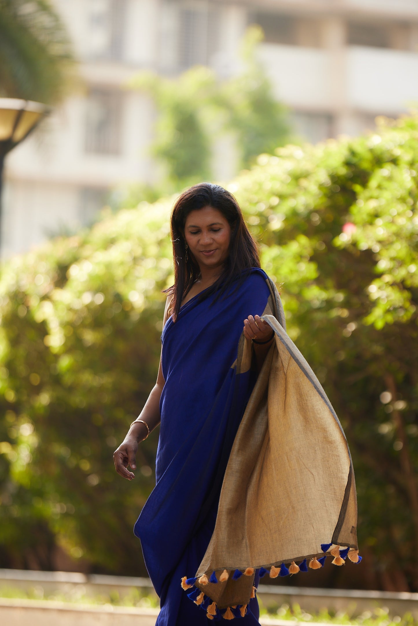 Royal Blue and Gold Cotton Acrylic Saree