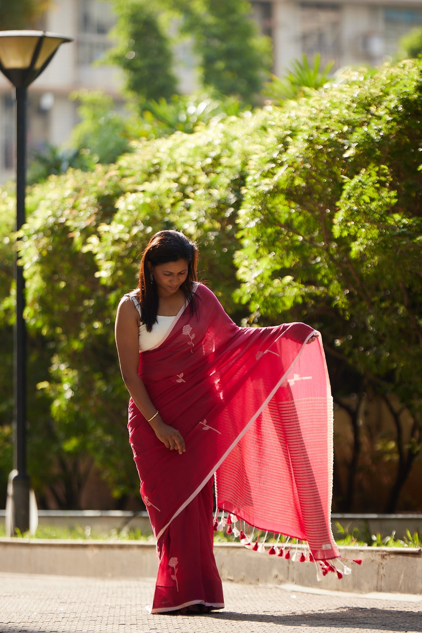 Red Mul Cotton Saree without Blouse Piece