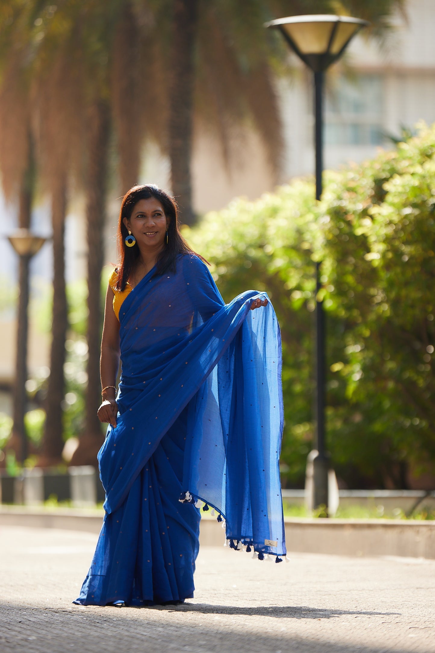 Midnight Blue Mulmul cotton Sequin Saree with Tassels