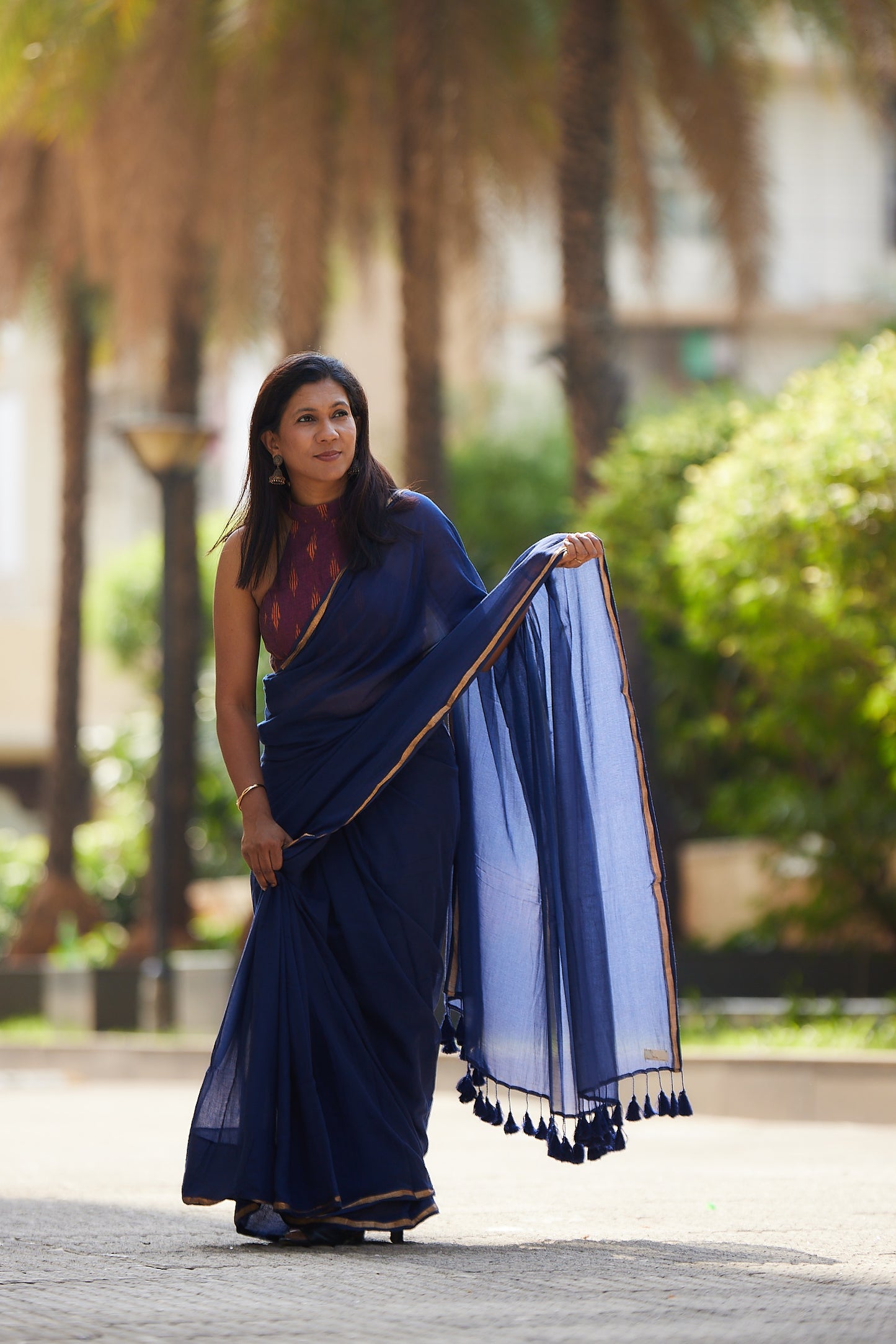 Navy Blue cotton saree with Golden Zari Border and Tassels