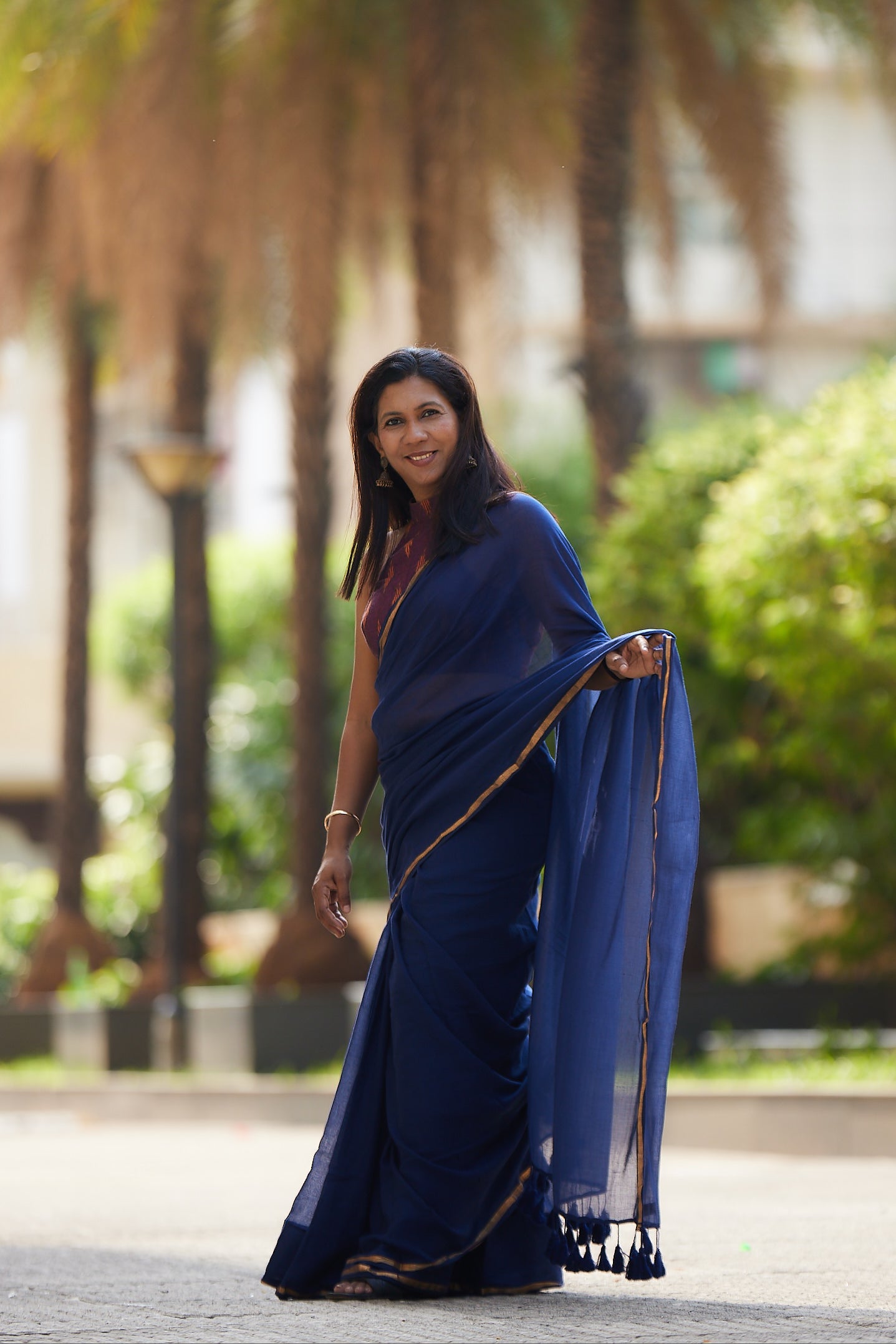 Navy Blue cotton saree with Golden Zari Border and Tassels