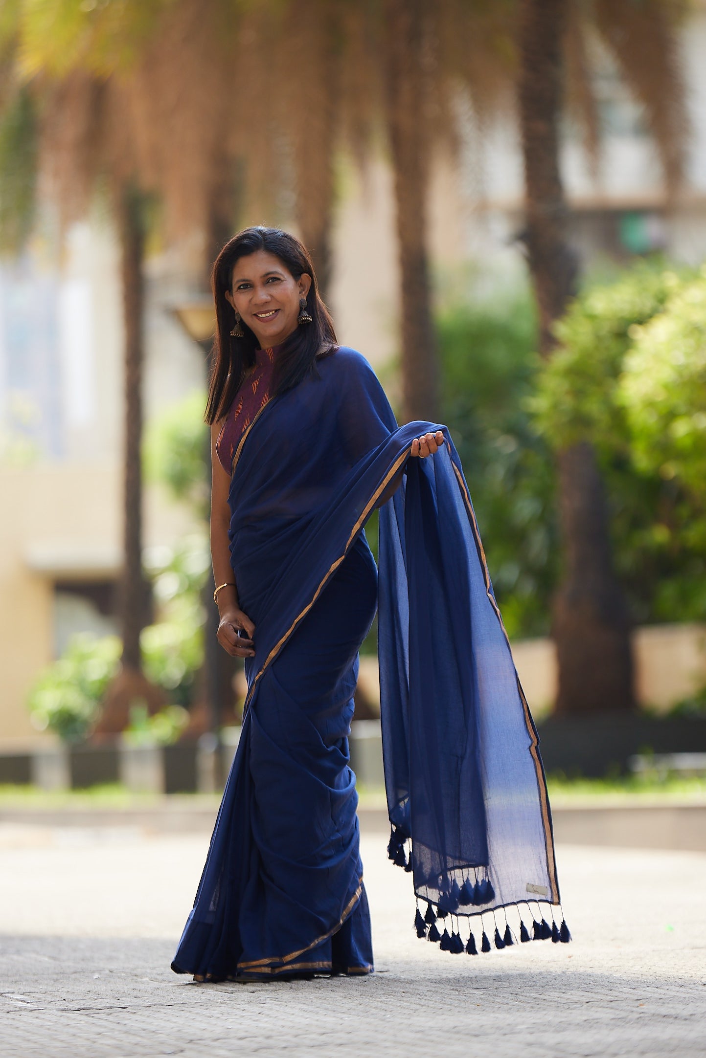 Navy Blue cotton saree with Golden Zari Border and Tassels