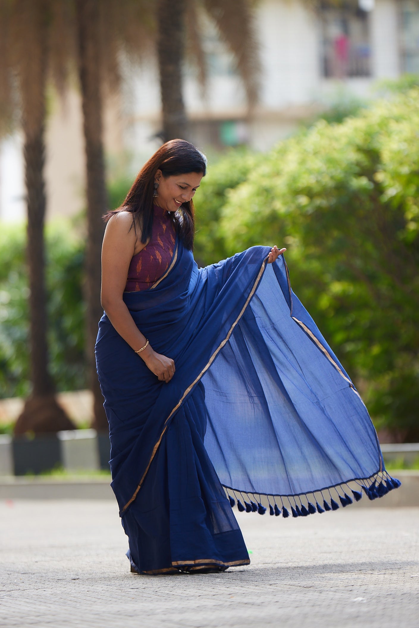 Navy Blue cotton saree with Golden Zari Border and Tassels