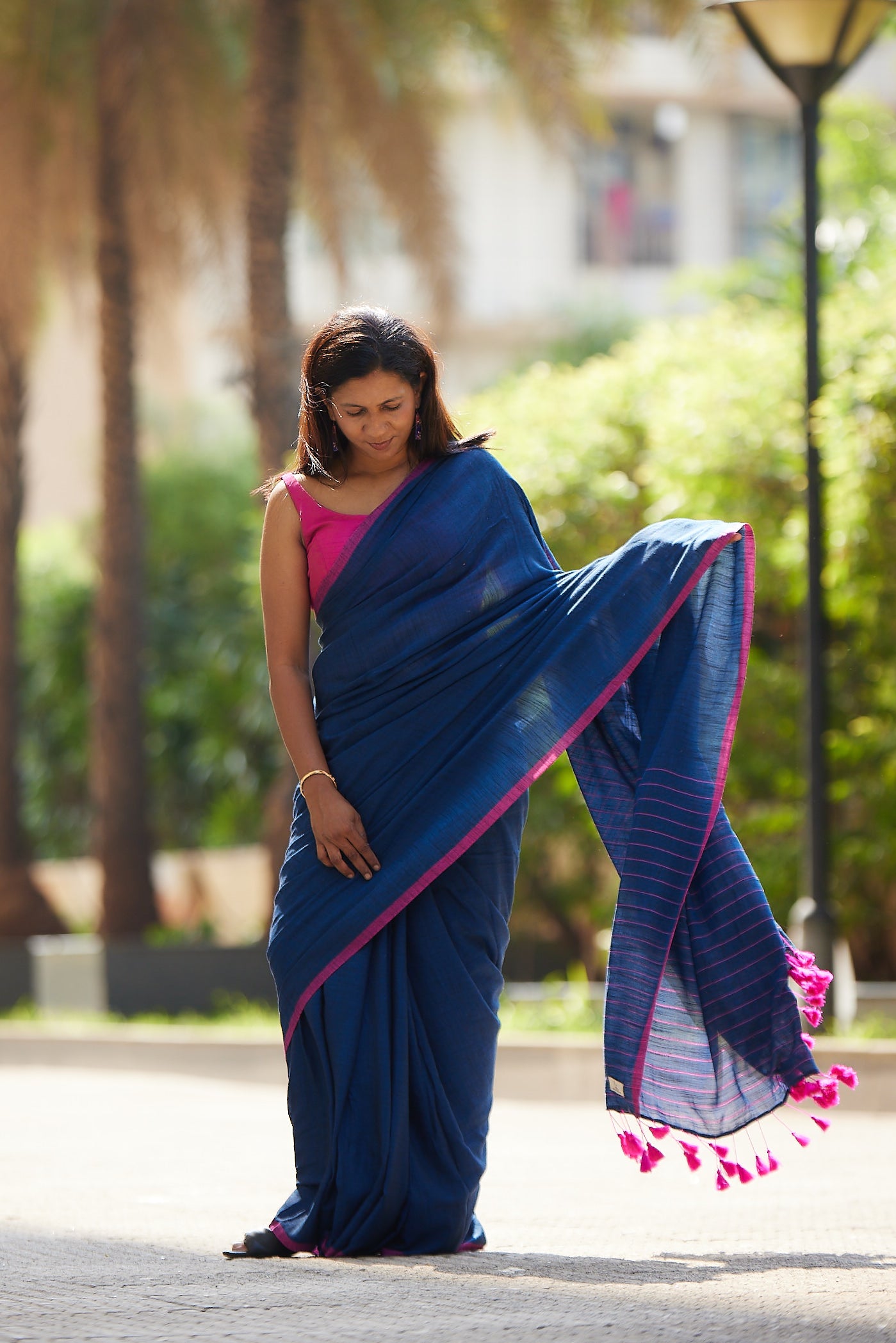 Saphire and Rose Viscose Mul Cotton Saree with Tassels