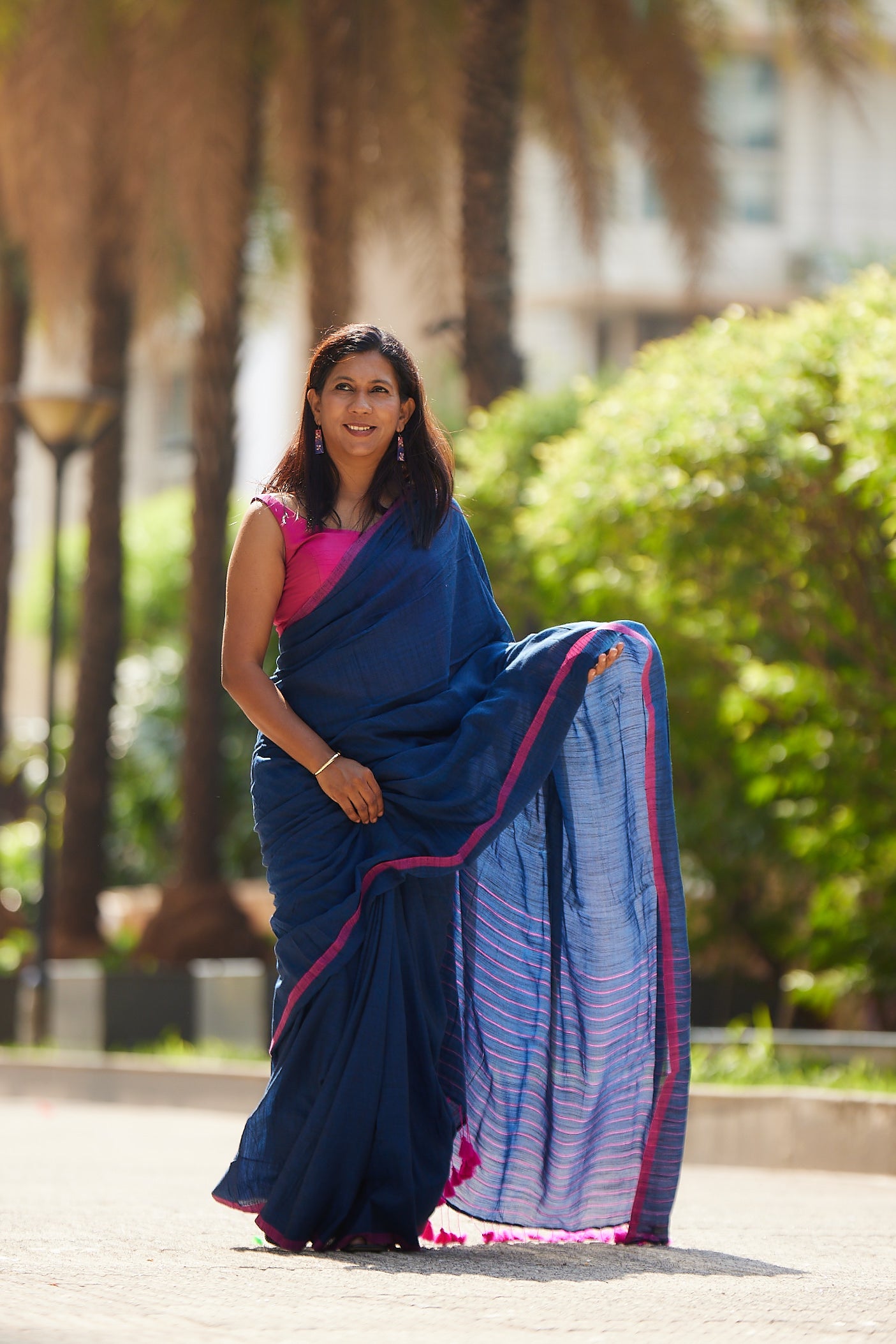 Saphire and Rose Viscose Mul Cotton Saree with Tassels