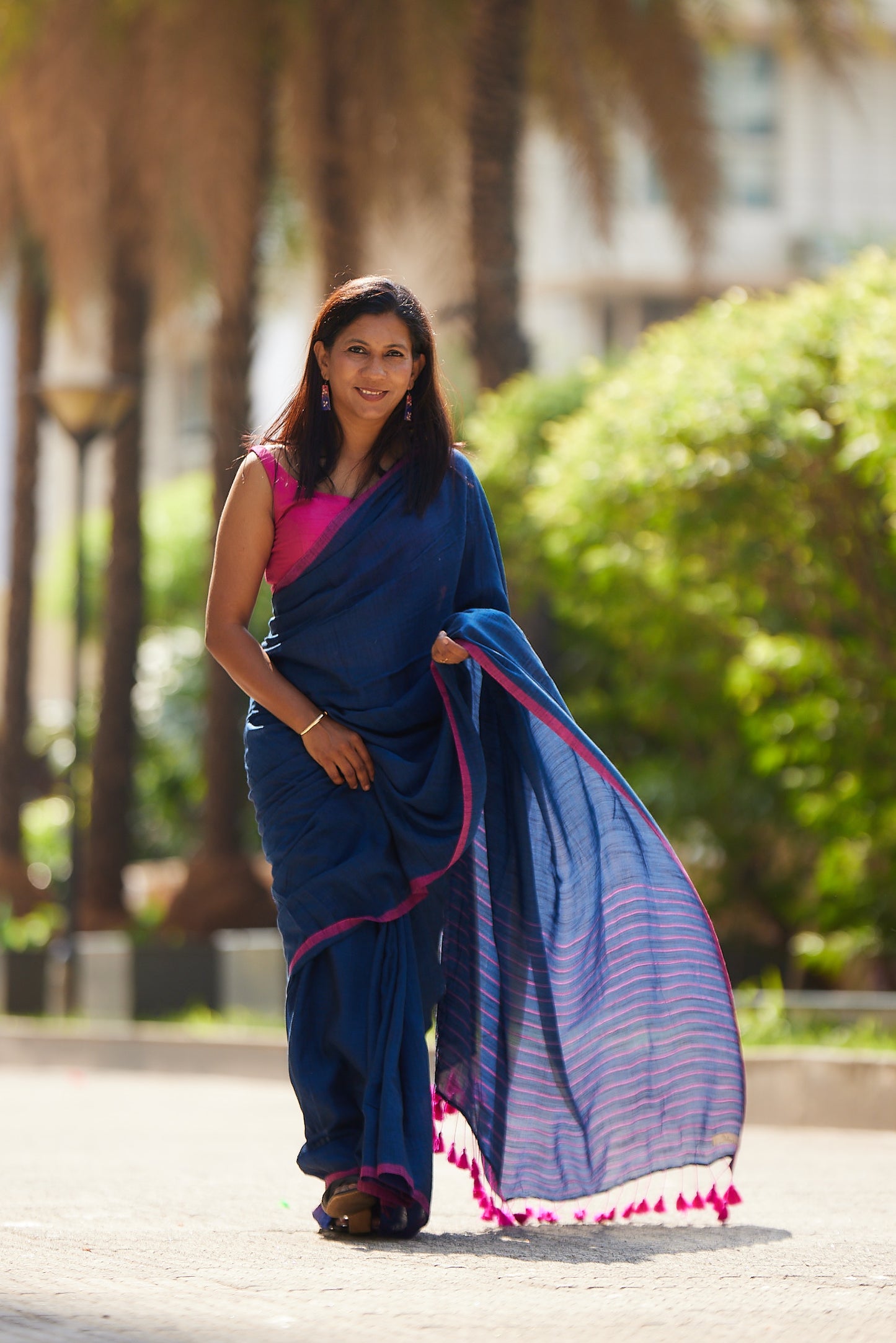 Saphire and Rose Viscose Mul Cotton Saree with Tassels