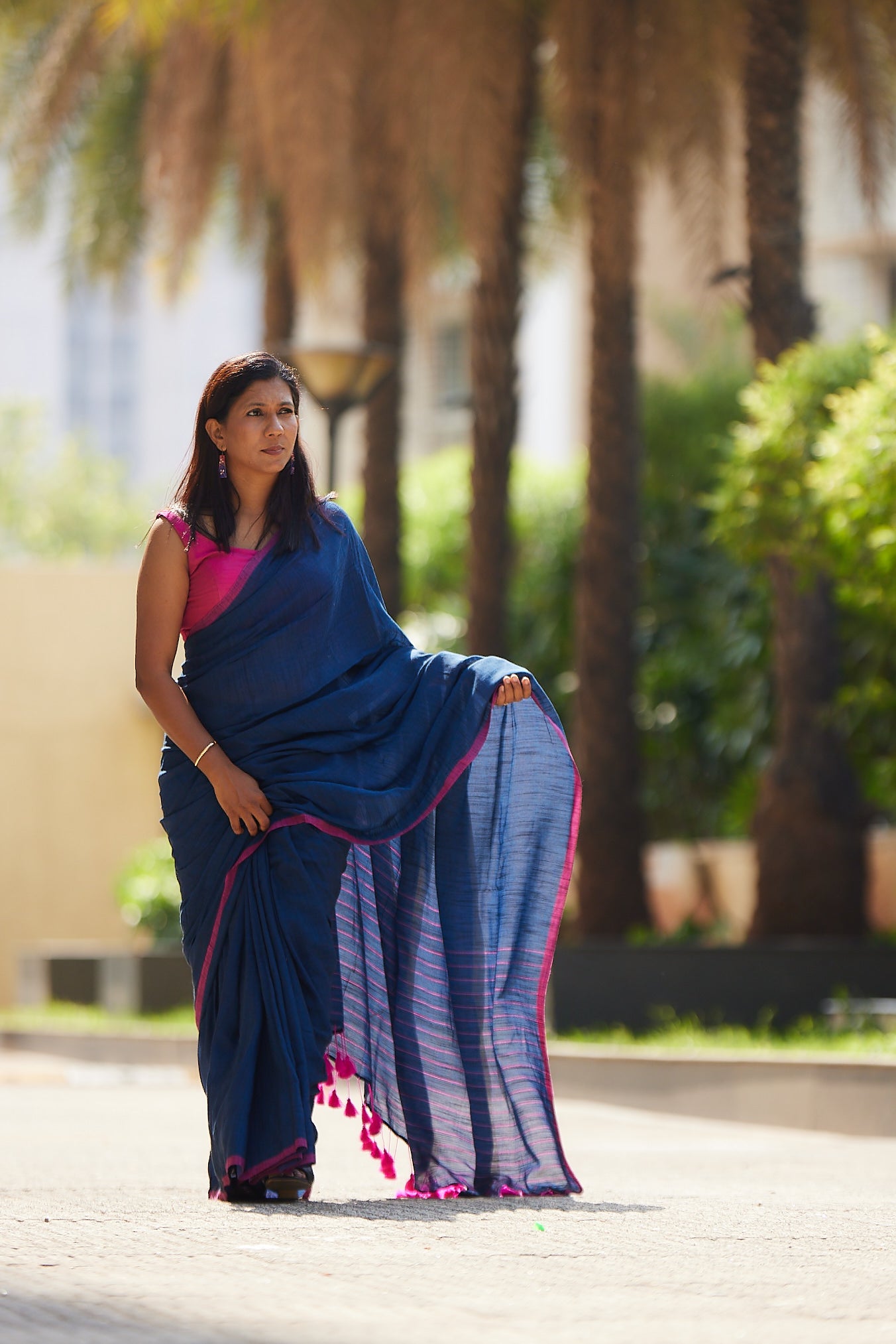 Saphire and Rose Viscose Mul Cotton Saree with Tassels