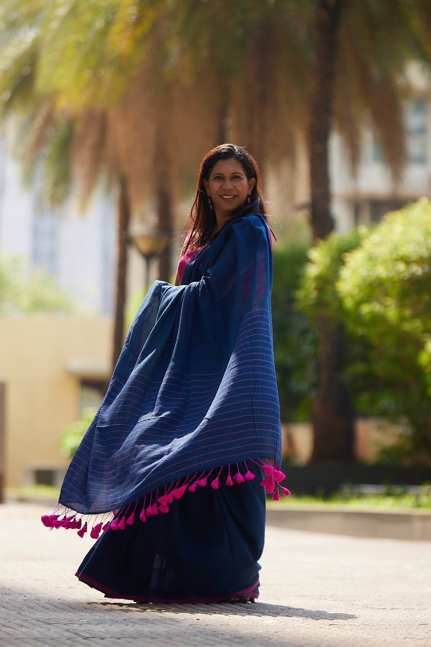 Saphire and Rose Viscose Mul Cotton Saree with Tassels