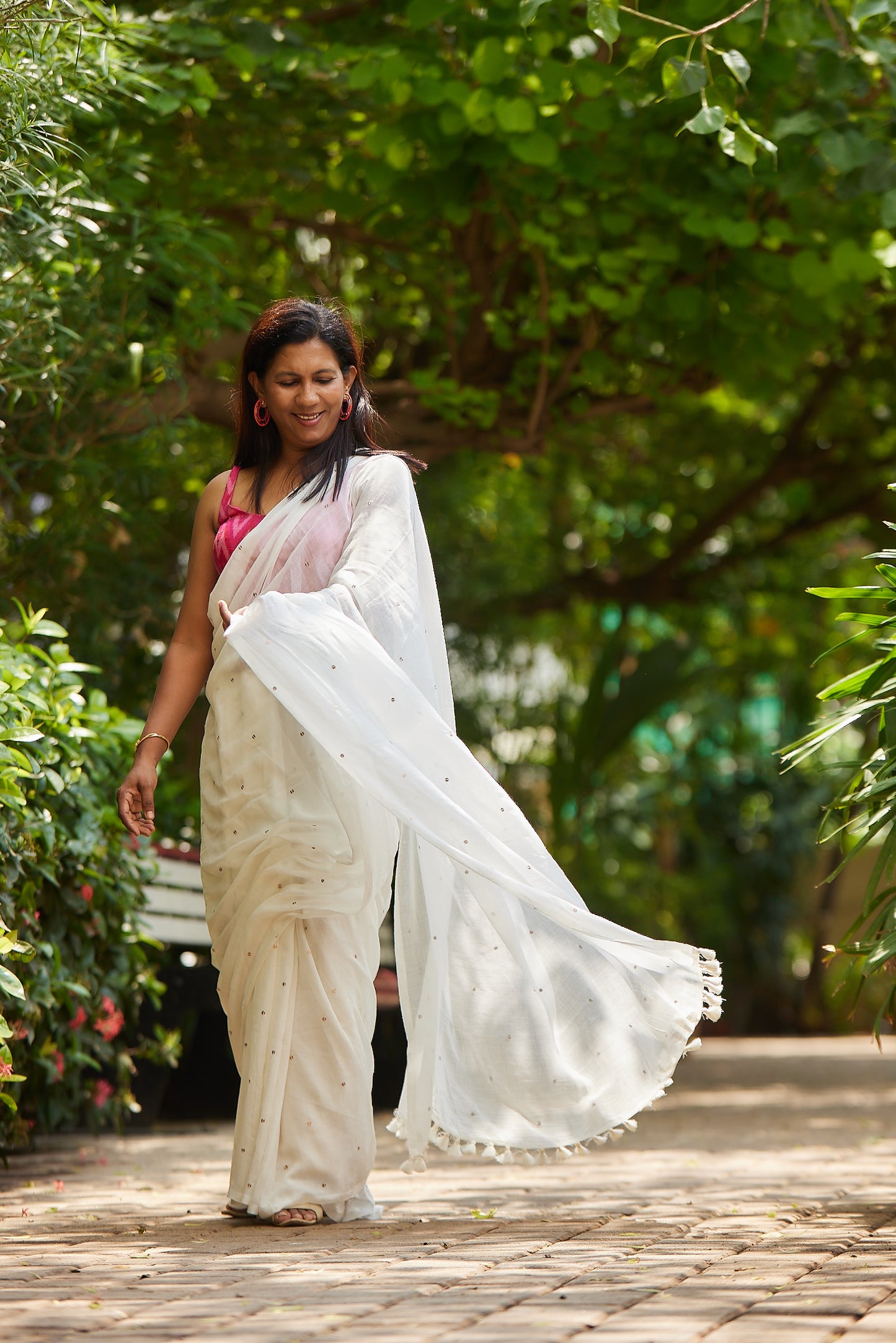 White Mulmul cotton Sequin Saree with Tassels