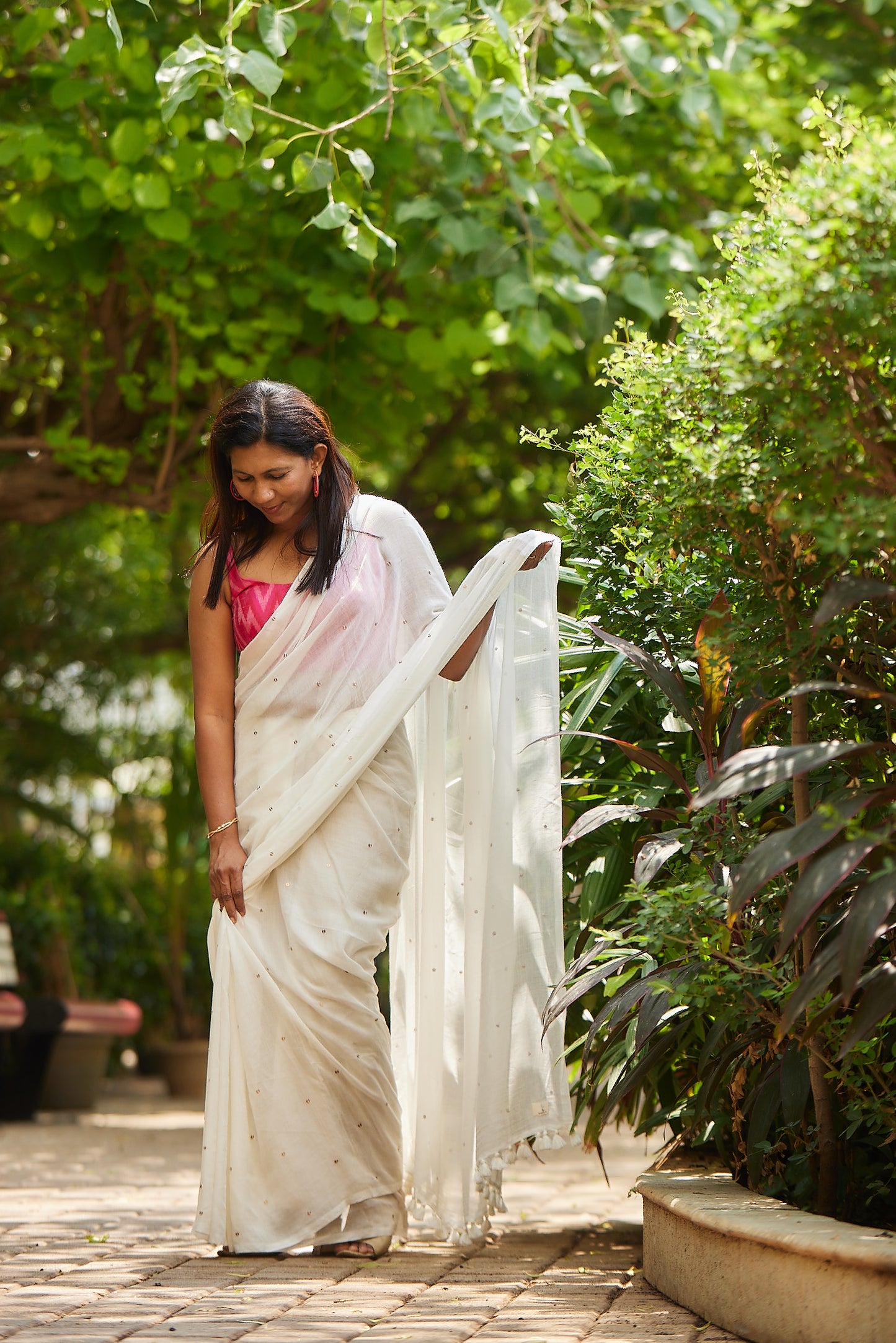 White Mulmul cotton Sequin Saree with Tassels