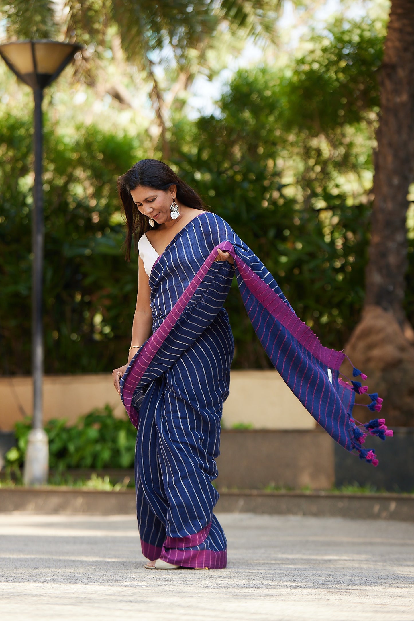 Navy Blue Cotton Linen Saree