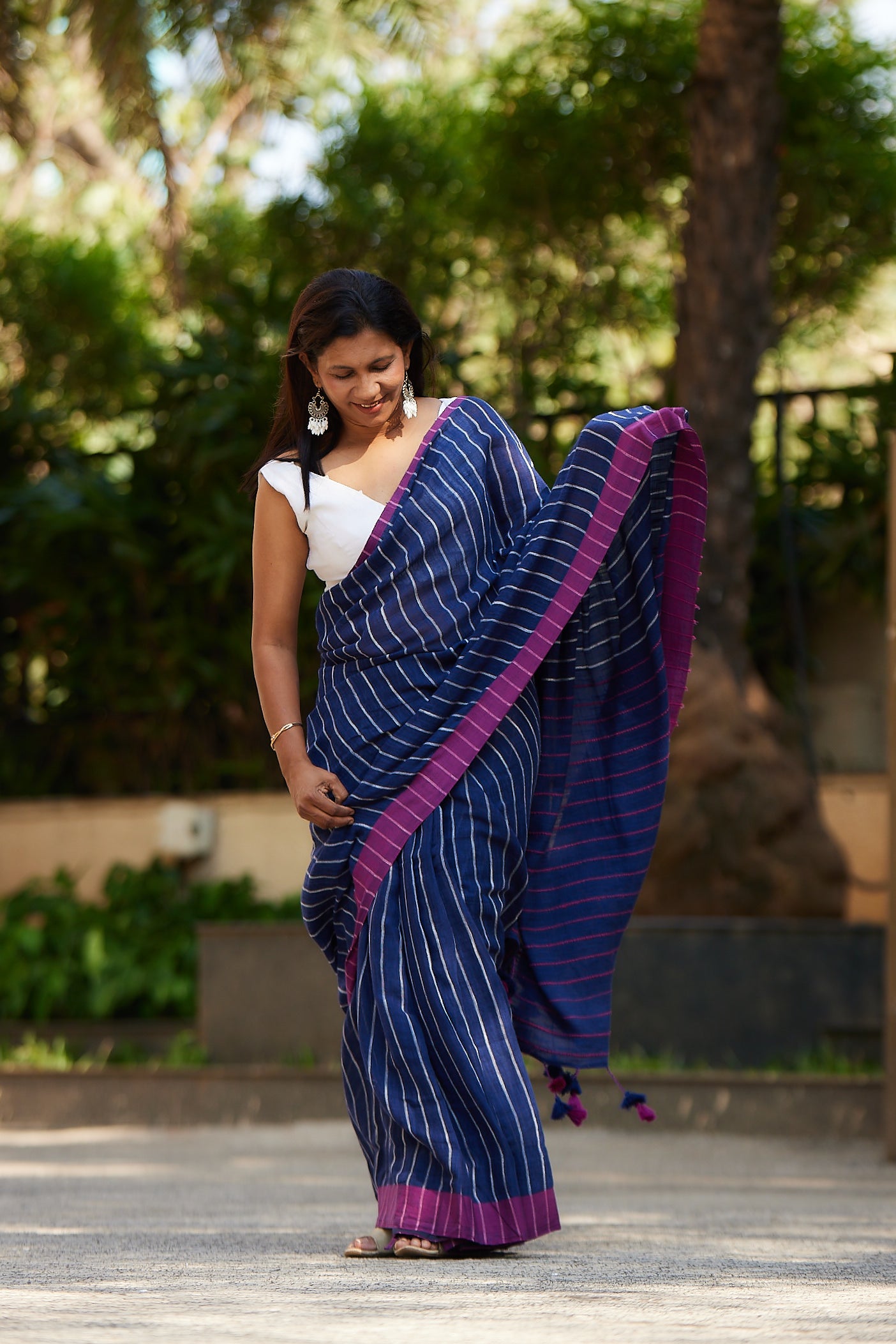 Navy Blue Cotton Linen Saree