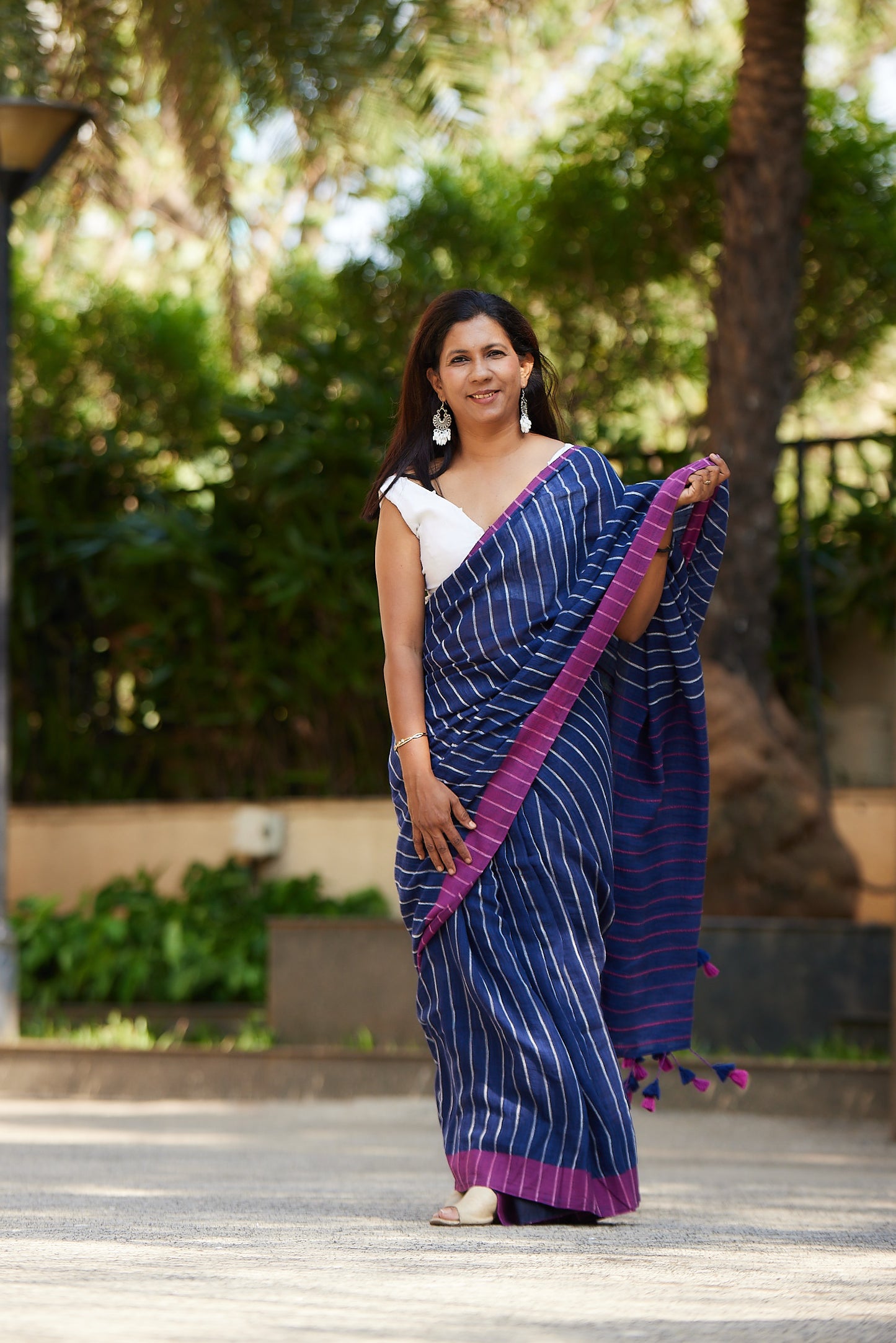 Navy Blue Cotton Linen Saree