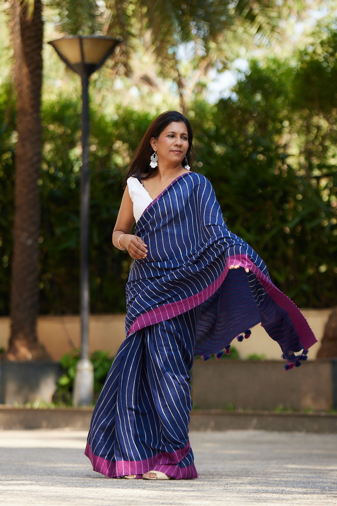 Navy Blue Cotton Linen Saree