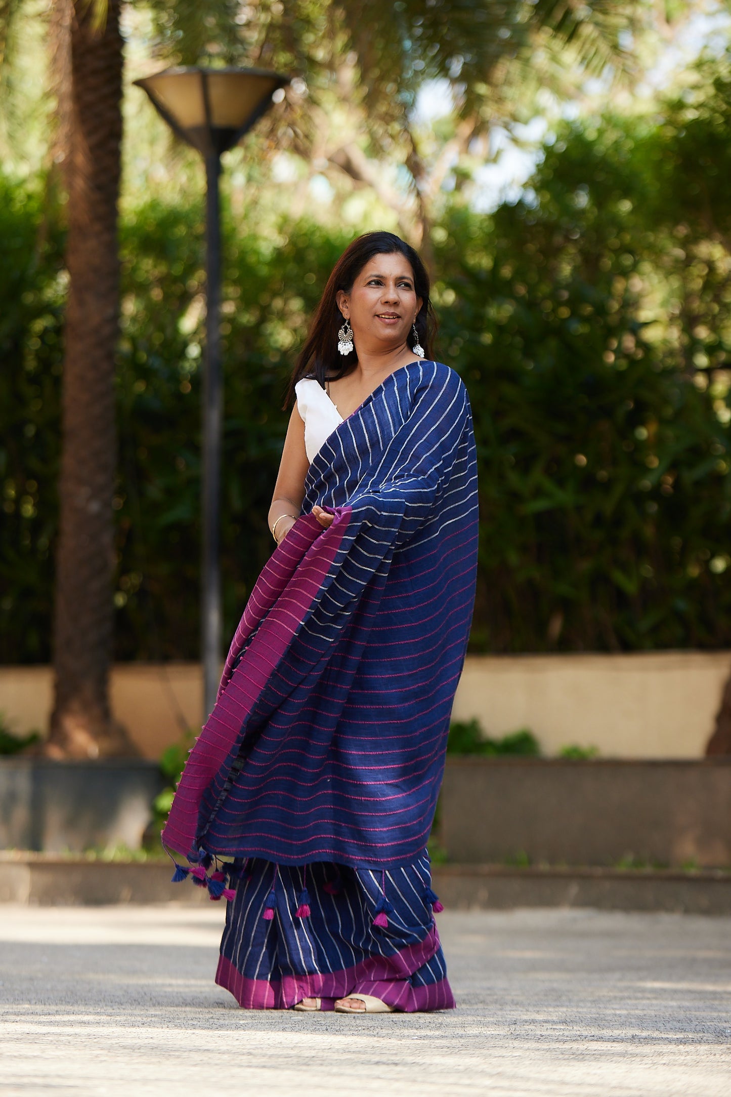 Navy Blue Cotton Linen Saree