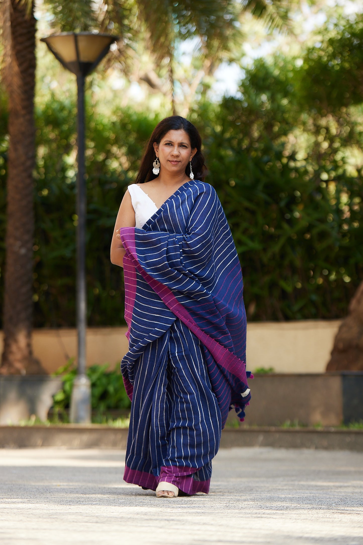 Navy Blue Cotton Linen Saree