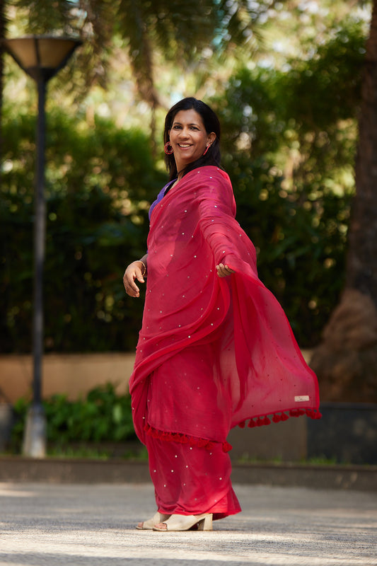 Raspberry Mulmul cotton Sequin Saree with Tassels