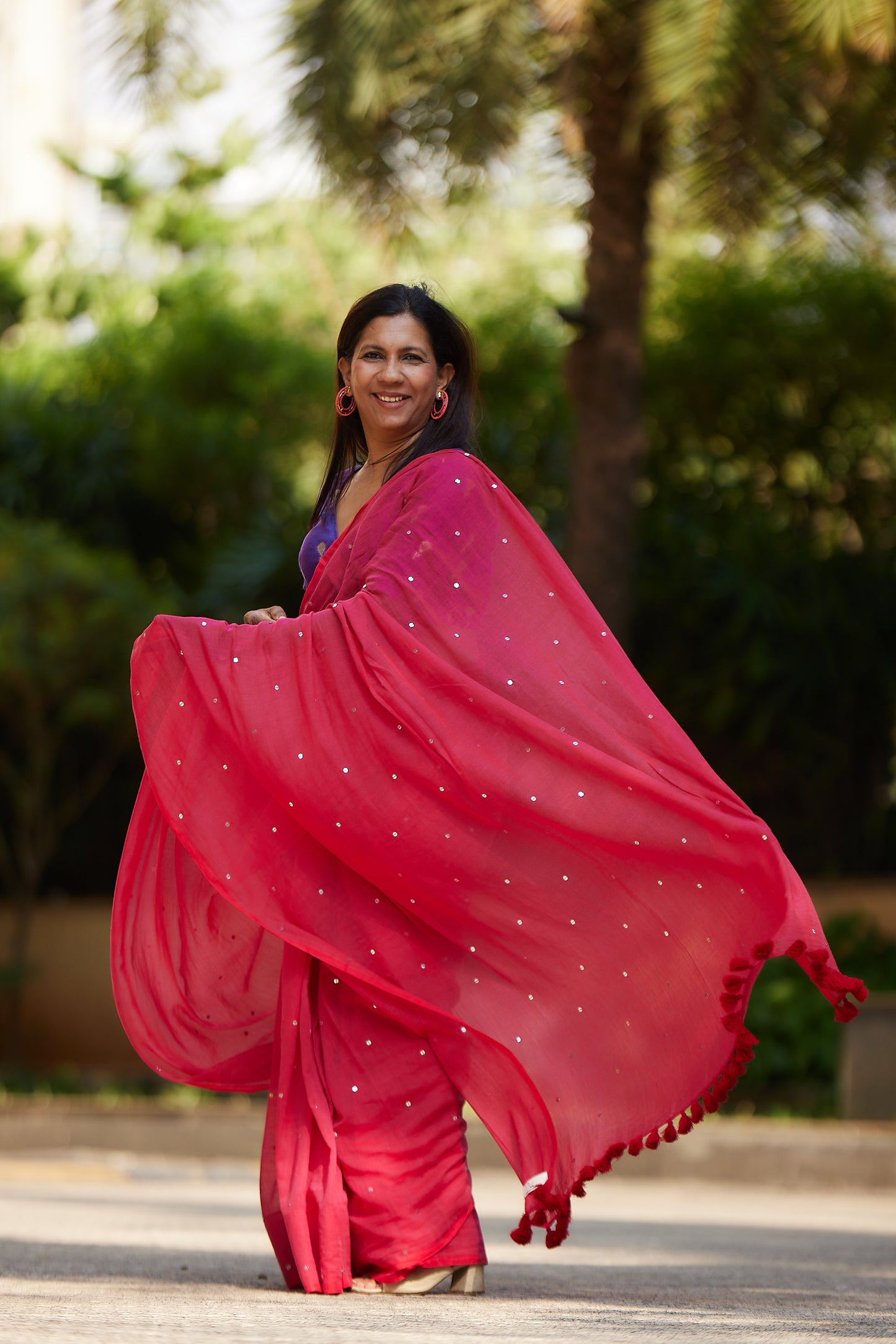 Raspberry Mulmul cotton Sequin Saree with Tassels