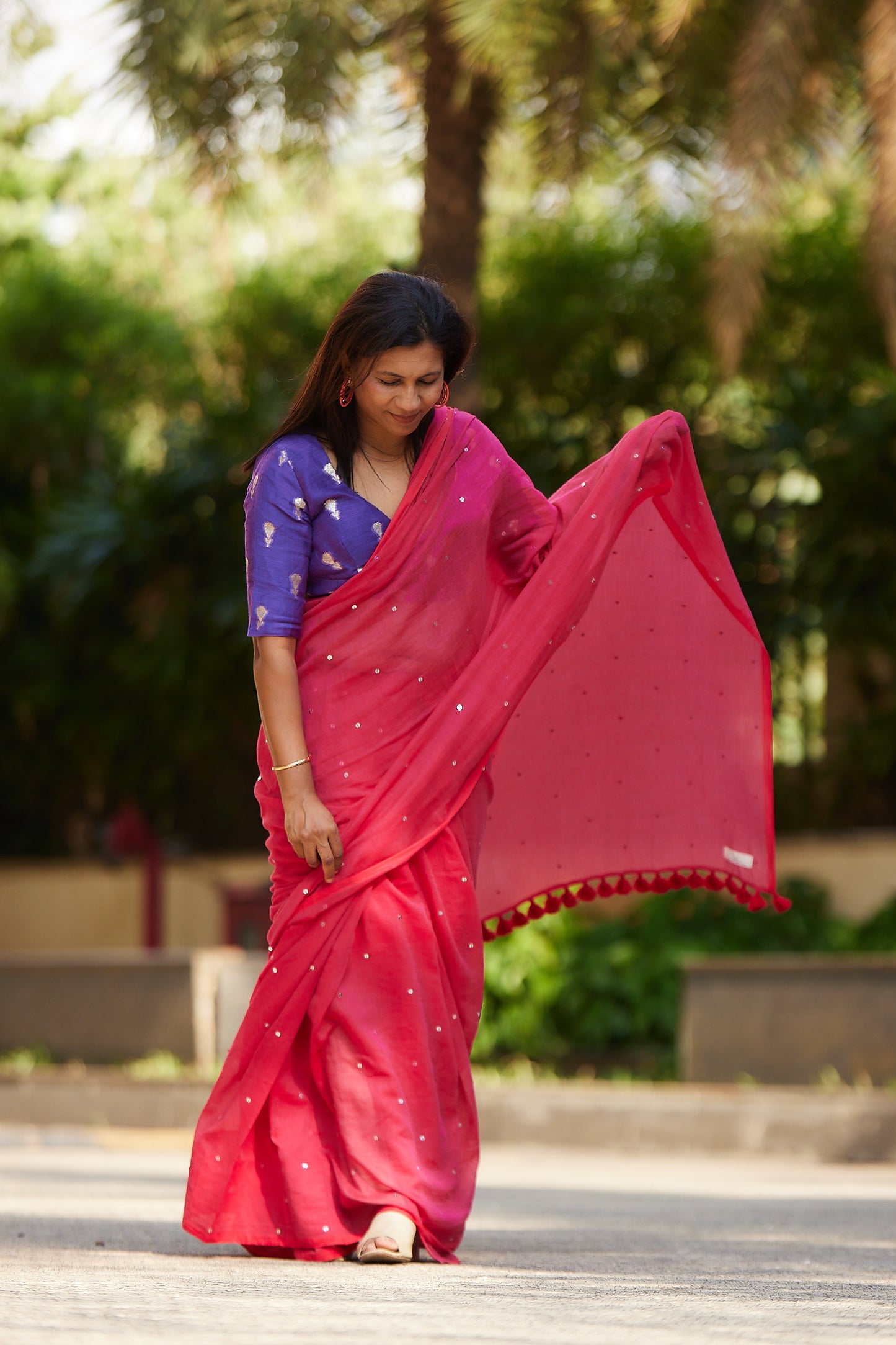 Raspberry Mulmul cotton Sequin Saree with Tassels