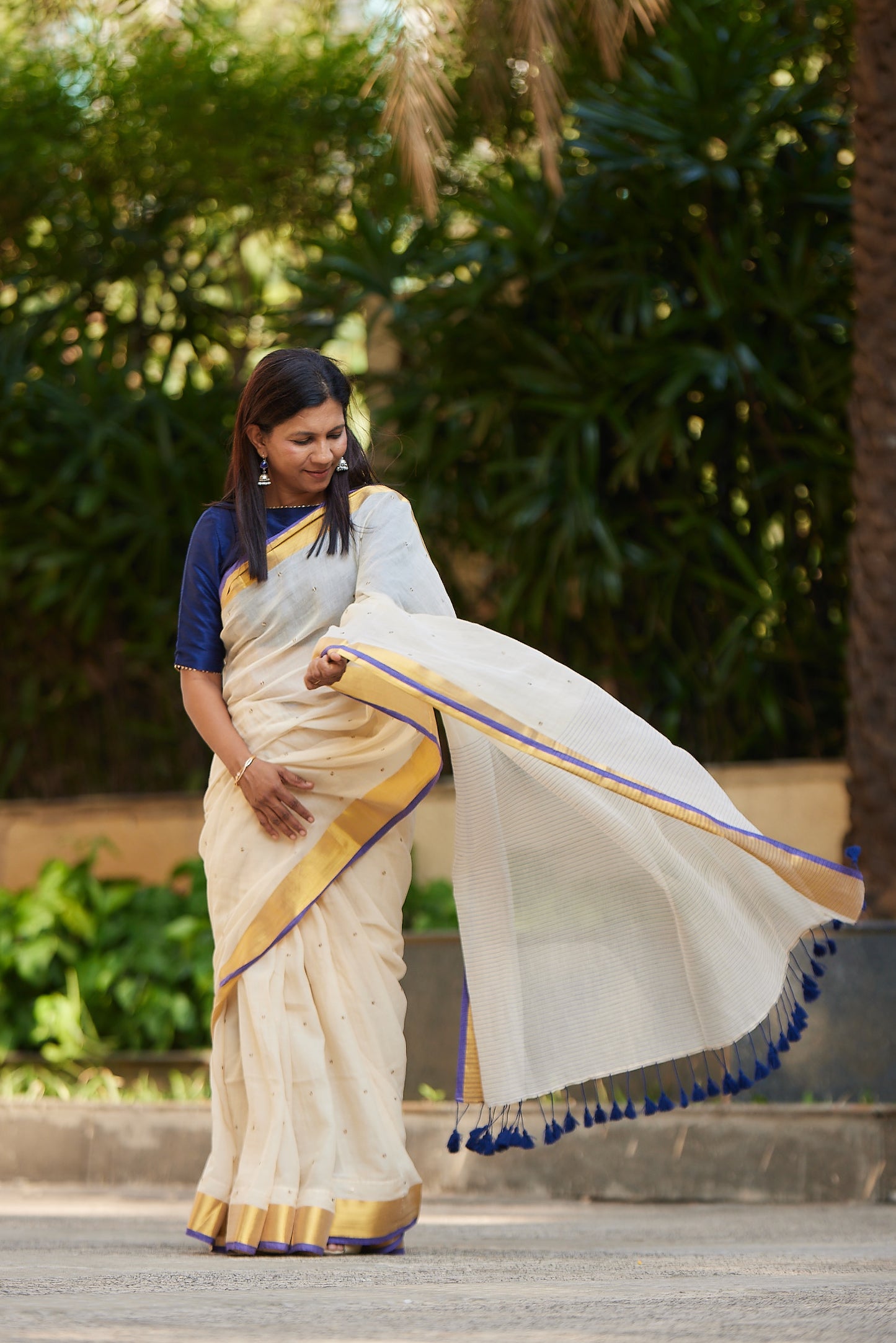 Off white Purple Border Mulmul Cotton Saree with Tassels