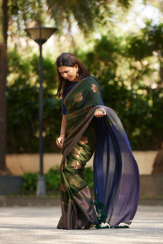 Emerald Green Mulmul Saree with Floral Zari Butti and Border